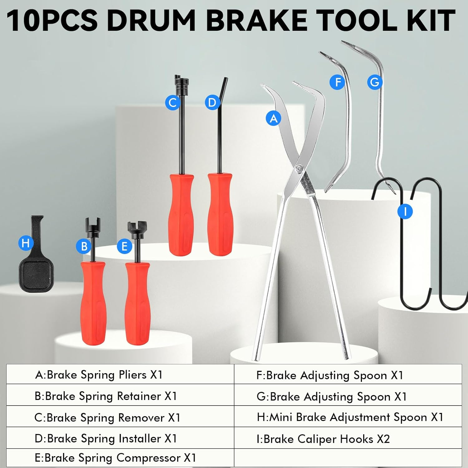10-Piece Drum Brake Service Tool Kit Brake Caliper Compression Tool, Drum Brake Spring Tool Set Includes Spring Pliers, Retainers, Compressors & Spoons, Compatible with Most US, EU, JP Vehicles image number 2