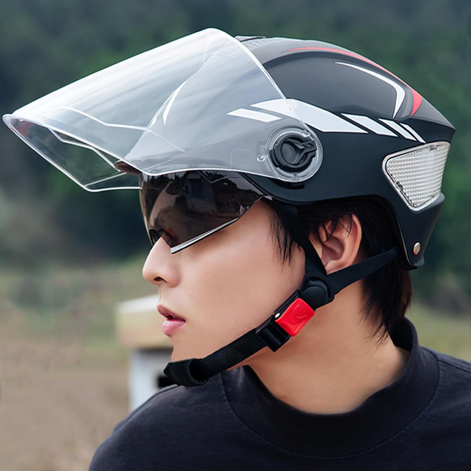 Helmet for Motorcycle - Double Visor Scooter Helmet for Adult - Adjustable Fit Riding Gear, UV Block Hard-Shell Hat for Wife Husband Son Family Men Friends - Black image number 4