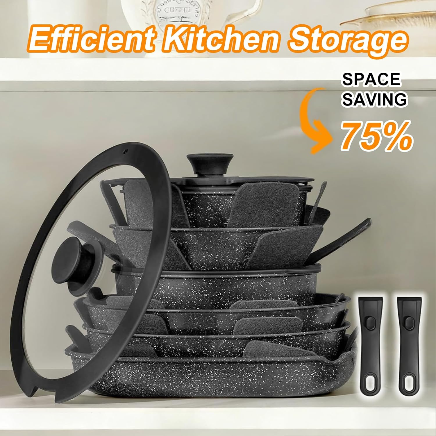 Yildue 23 Piece Pots and Pans Set, Detachable Handle Induction Cookware, Compatible with All Stoves,Non-Stick Stackable RV Kitchen Set, Dishwasher & Oven Safe (Black) image number 3