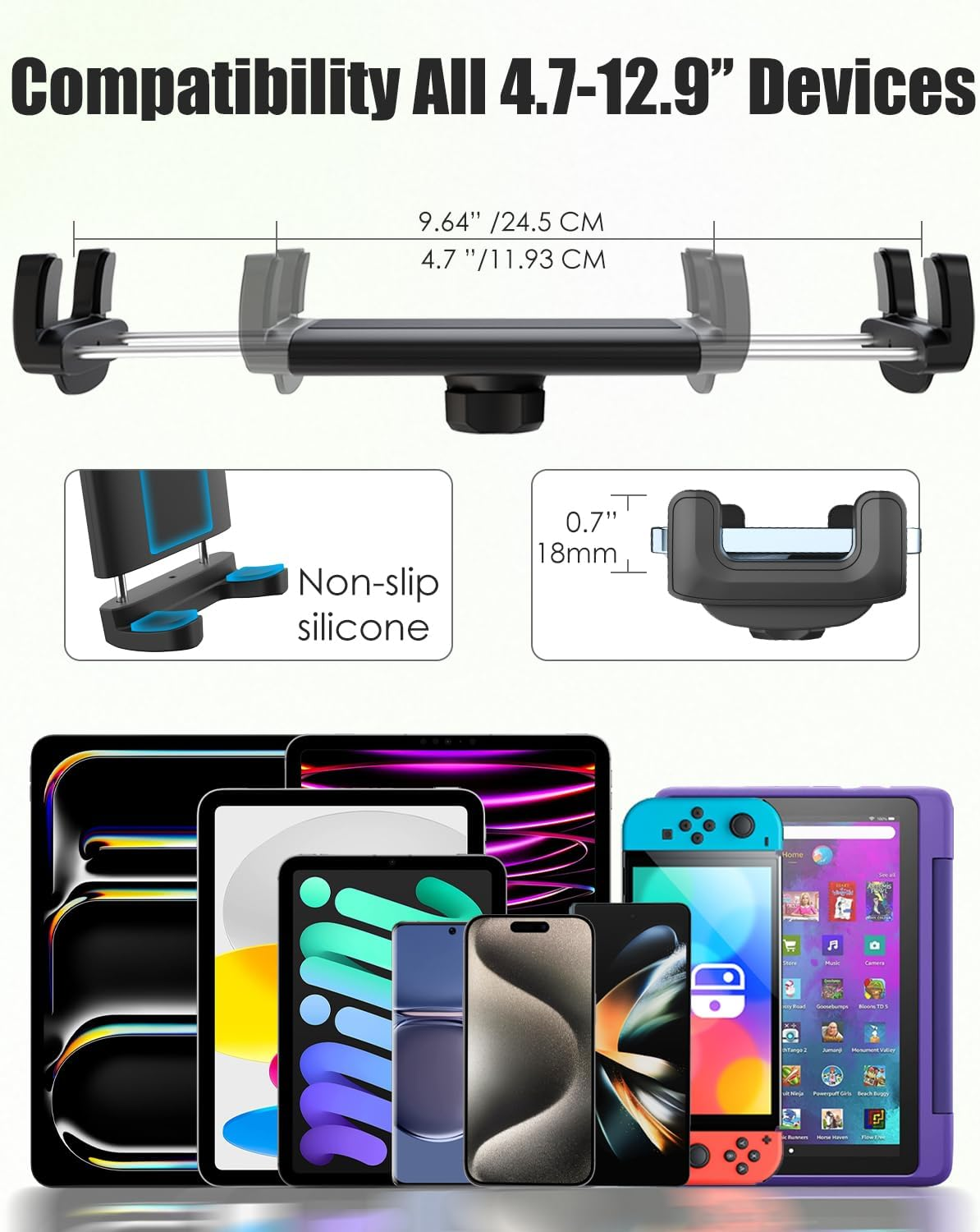 Wukanleng Rear View Mirror Tablet Mount for Car Truck SUV, Universal Rearview Mirror Phone Holder with 360&deg; Rotation Retractable Compatible with Ipad Pro 12.9/Air/Mini, Galaxy Z Fold, 4-13" Devices image number 4