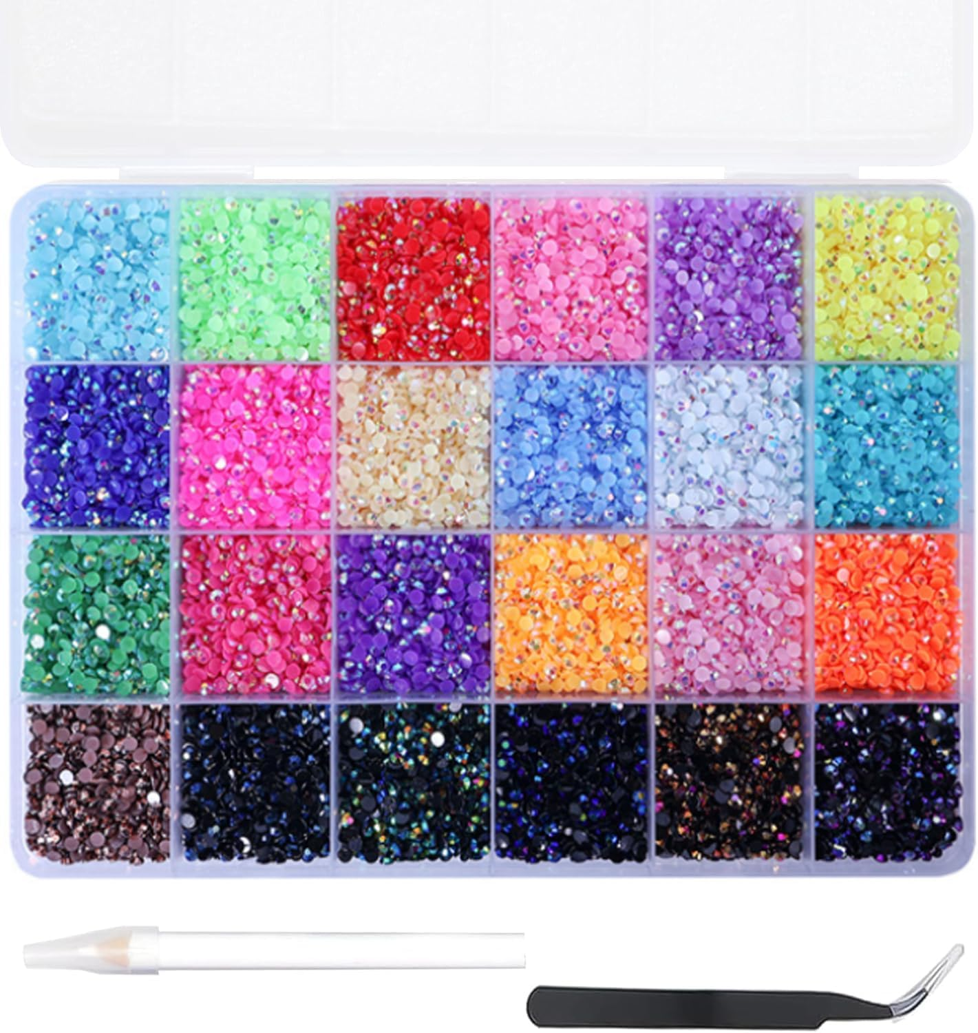 12000Pcs Nail Art Rhinestones, Betterjonny 24 Colors 4Mm round Nail Flatback Rainbow Gems Set with Tweezers and Pencil AB Glitter Flat-Bottomed Rhinestone for Crafts Decoration and Jewelry Making