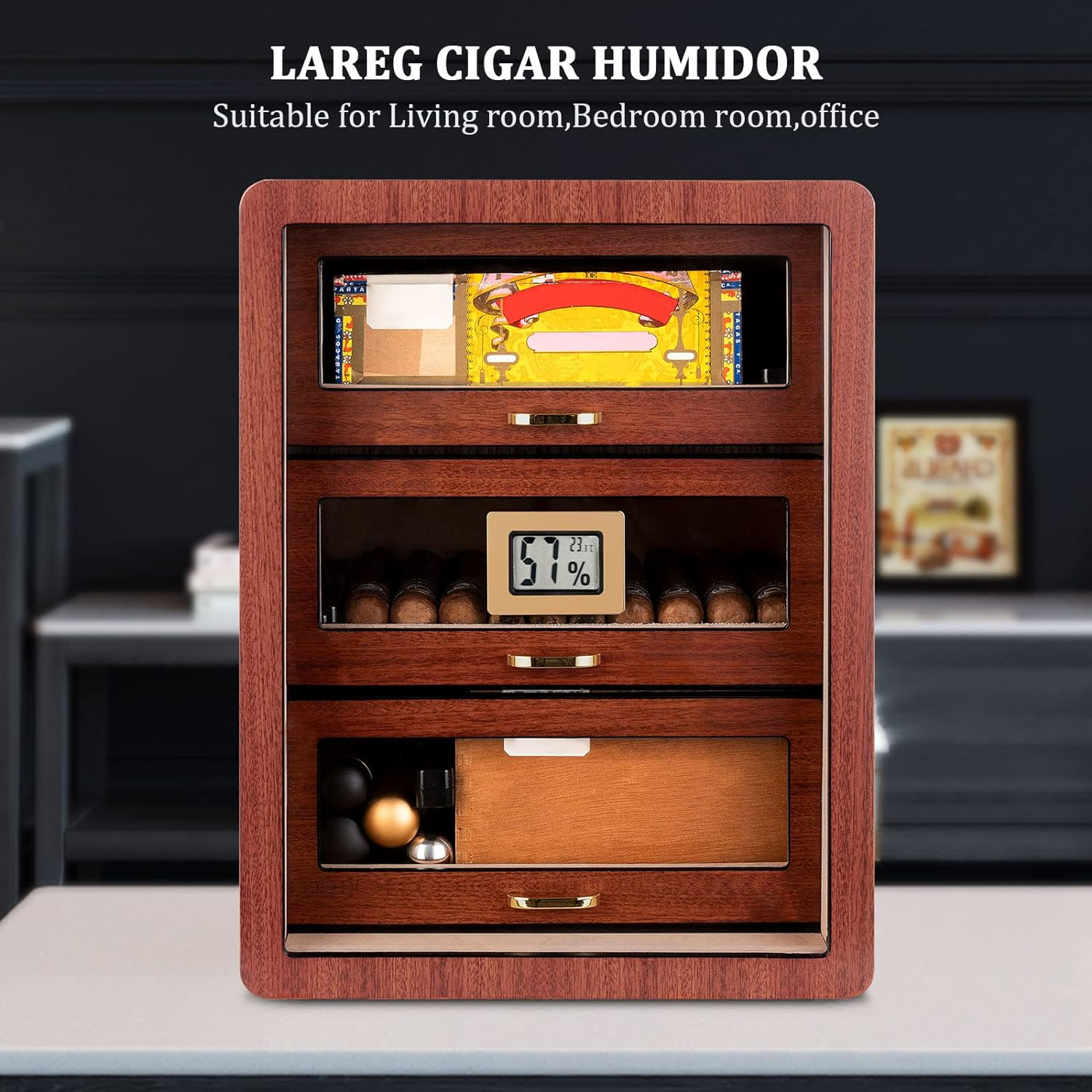 CIGARLOONG Cigar Humidor Cedar Wood 3 Drawers with Hygrometer and Humidifier Hidden Handle Moisturizing Box, Holds 100 Cigars Large Indoor Humidor（Cherry2） image number 5