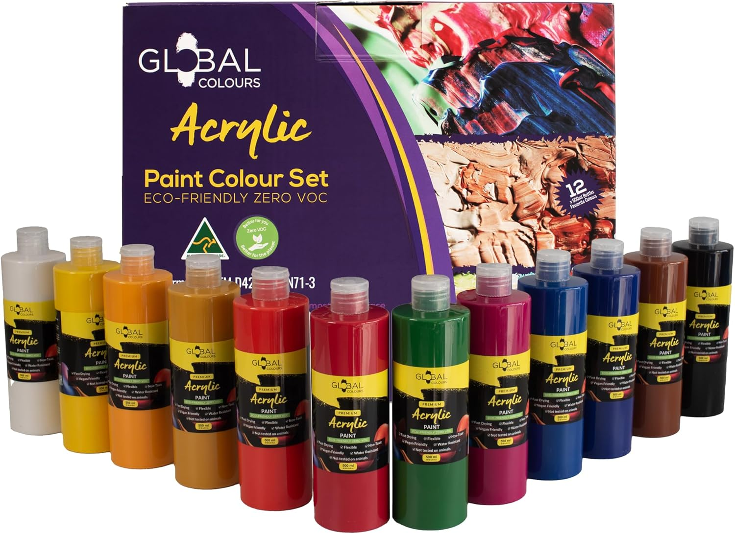 GLOBAL COLOURS Acrylic Paint Set &ndash; 12 X 500Ml Bottles &ndash; Made in Australia | Non-Toxic, Artist Quality Paint for Canvas, Paper, Wood, Ceramics | Ideal for Classrooms, Studios, Mural Projects image number 1