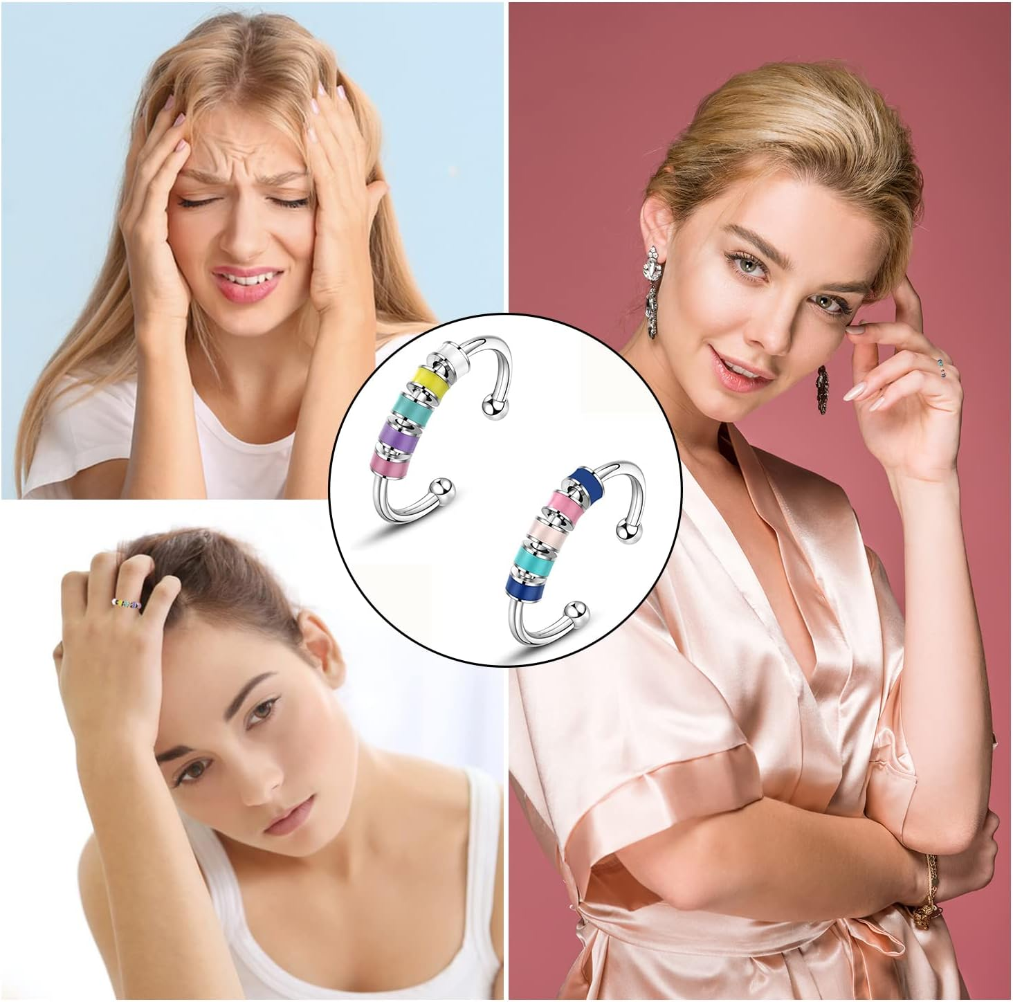 Spinning Enamel Fidget Ring, Anxiety Relief Ring Adjustable Fidget Ring Roll Anti-Anxiety Spinner Fidget Rotating Ring Stress Relief Rings Bead Spinner Ring for Women Daughter Granddaughter Kids