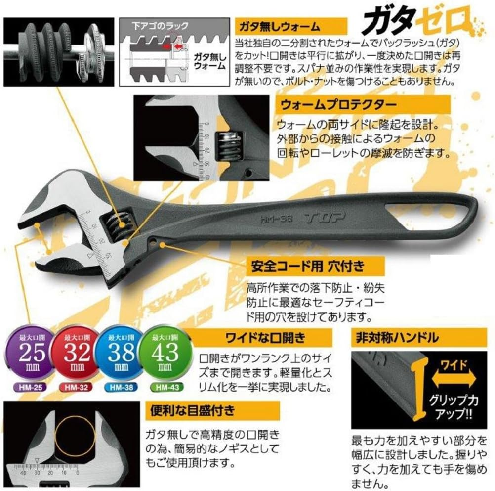 TOP (TOP) Hypermonki ZERO HM-32 Wide Monkey Wrench, No Rattle, Mouth Opening, 0.04-1.3 Inches (0-32 Mm), Equipped with No Rattle, Monkey Wrench image number 5