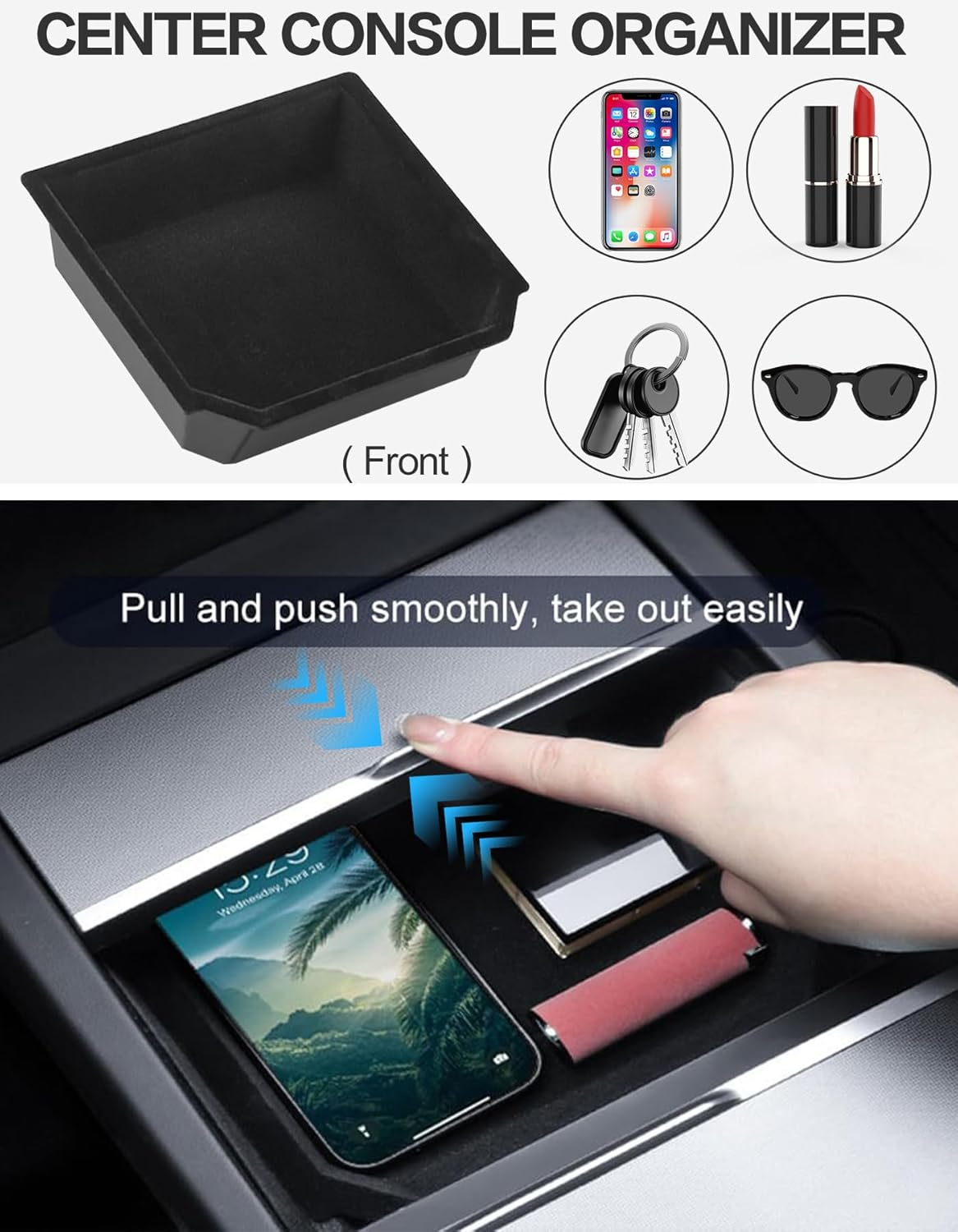 Center Console Organizer Tray for Tesla Model Y Juniper Model 3 Highland Armrest Hidden Storage Box Insert Cup Holder Interior Accessories for Model Y Juniper Model 3 2025 2026 (Black) image number 2