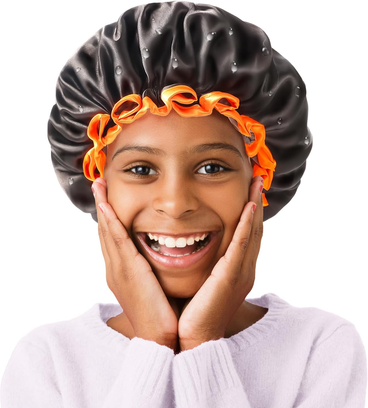 Mikimini Large Shower Cap for Women Long Hair, Black, Reusable Waterproof Double Layers XL Washable Colorfast Odorless High-Quality Shower Cap for Men with Vibrant Orange Edge