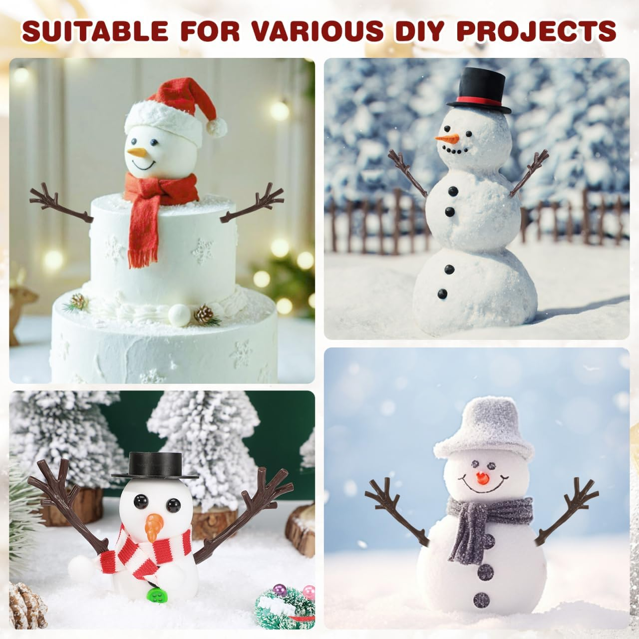 Abaodam 100Pcs Mini Plastic Snowman Hand Antler Shaped Tree Branch Snowman Crafts Kit for Party Favors Winter Xmas DIY Crafts Sewing image number 1