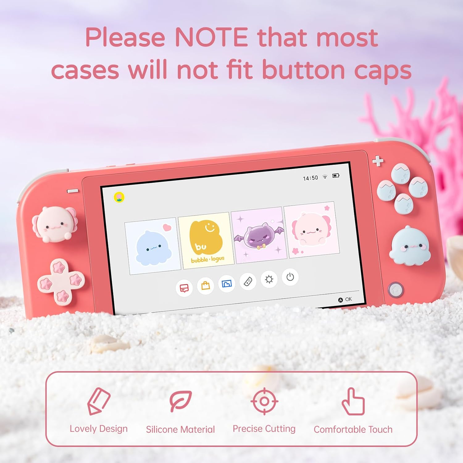 BUBBLELOGUS Soft Silicone ABXY Key Buttons Sticker Joystick Cover, Cute Cross D-Pad Button Caps Thumb Grips Set for Nintendo Lite Controller - Ocean Friends image number 5