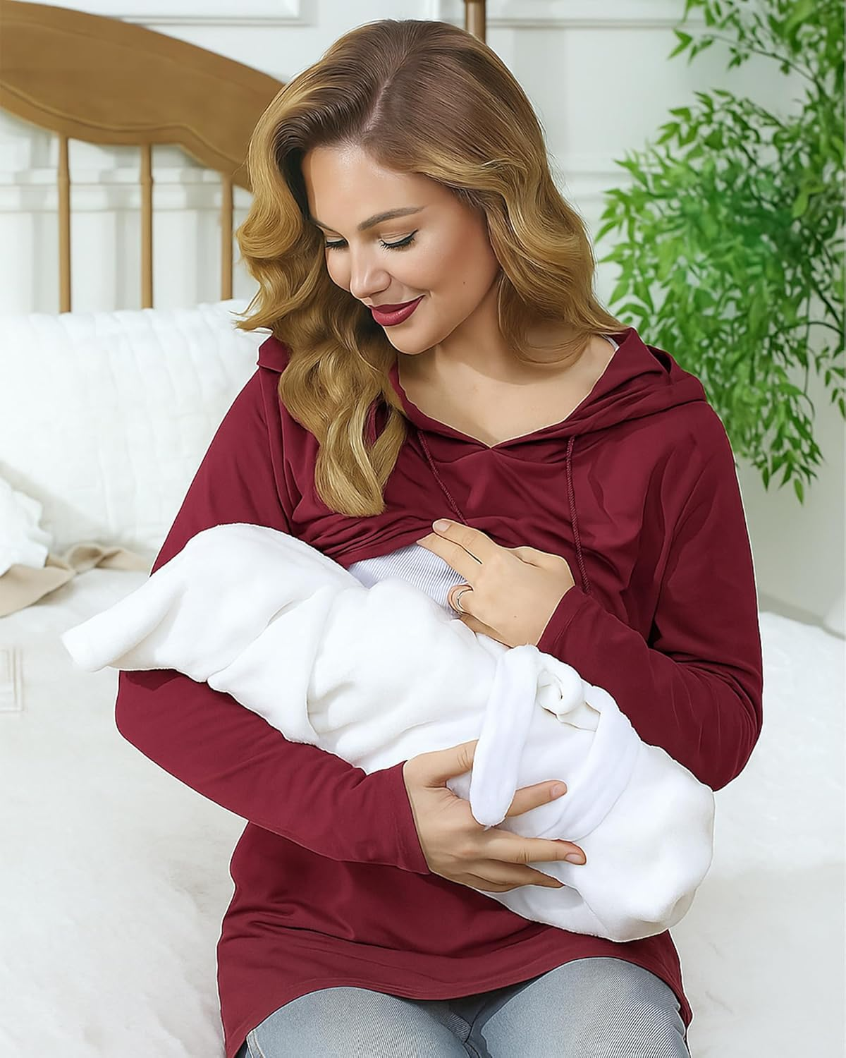 2 Pcs Women Nursing Hoodie Tops Long Sleeves Breastfeeding Maternity Sweatshirt Casual Clothes image number 4
