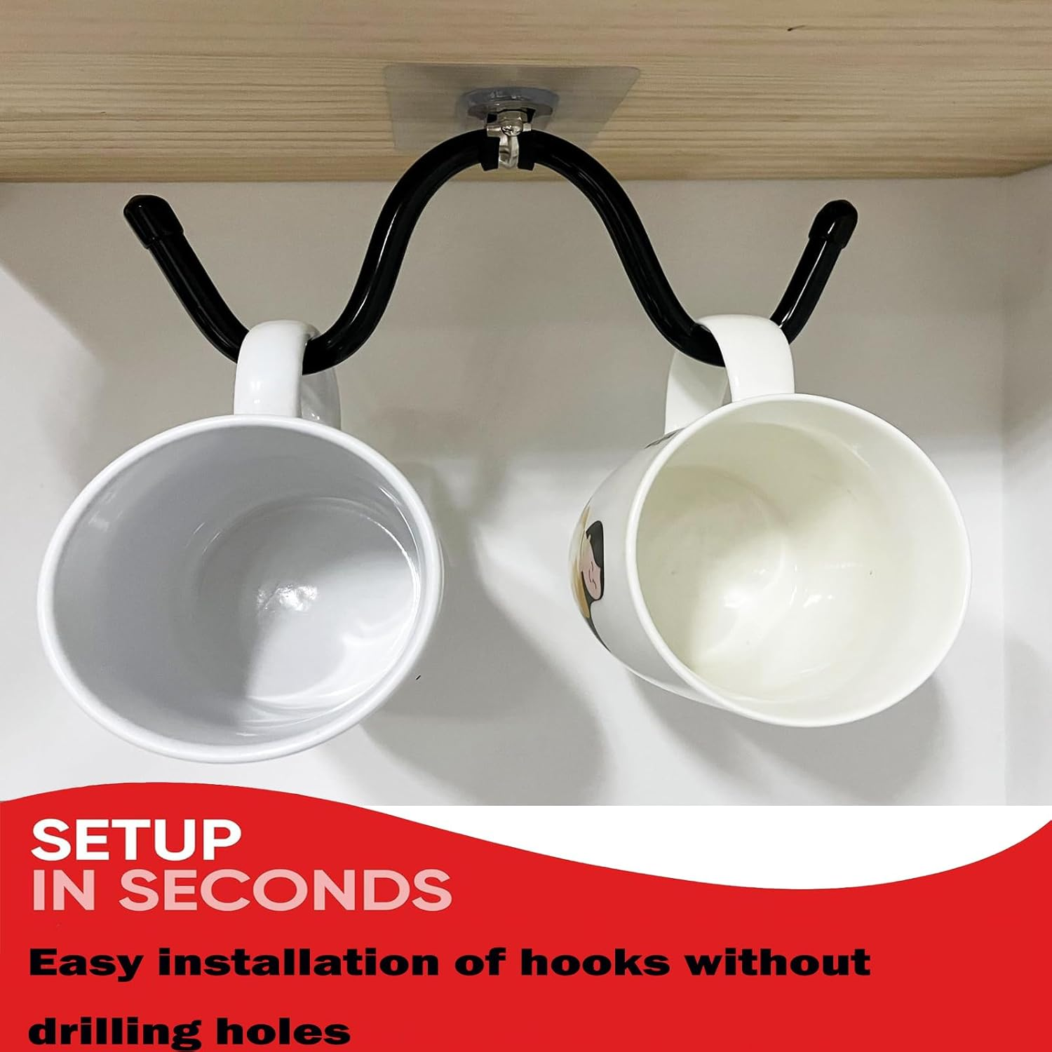 Pmsanzay Mug Cup Holder under Cabinet Organizer - 2 Pack Self-Adhesive Cup Hooks Coffee Mug Holder,Mug Cup Storage Hanger,Coffee Bar Accessories for Kitchen, Pantry, Cabinet - No Drilling image number 1
