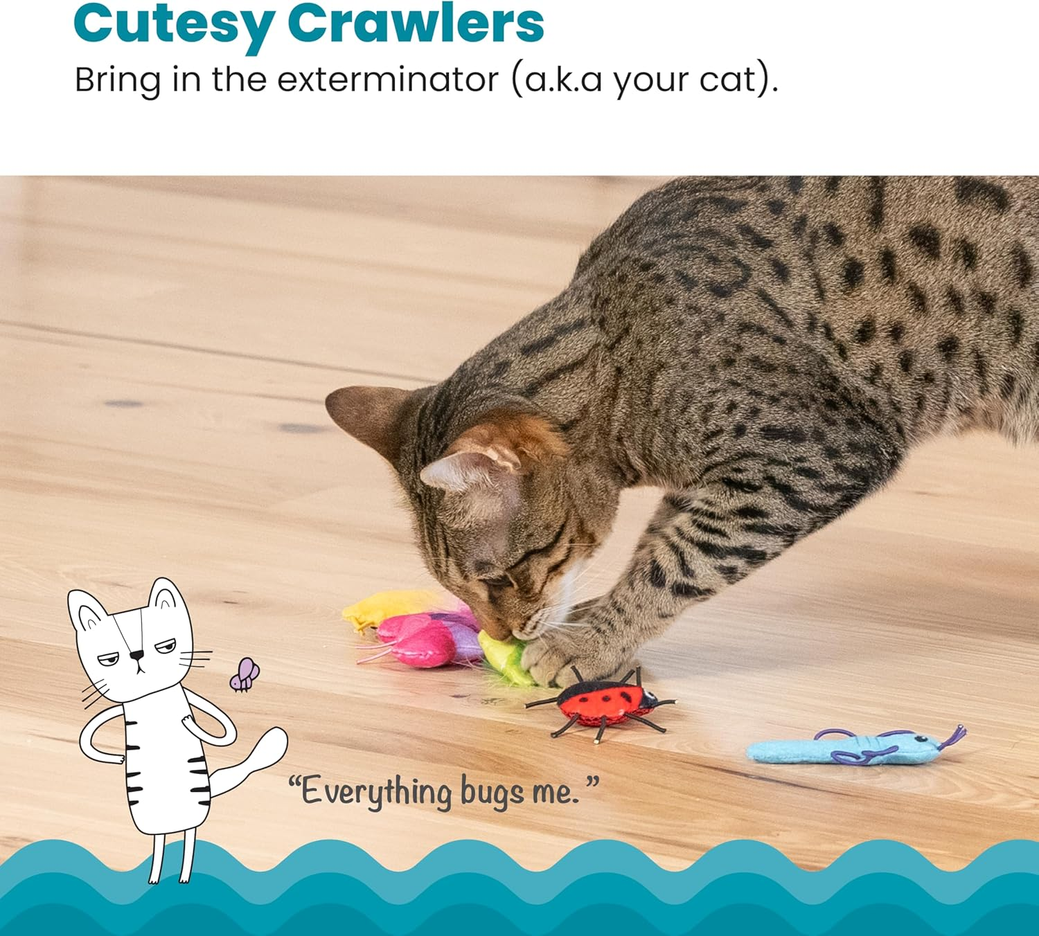 Catstages Cute as a Bug Plush Interactive Cat Toys, Bug Themed Kicker Catnip Toys with Feathers, Crinkle, Mesh, 6Pk, Small, Multicolored