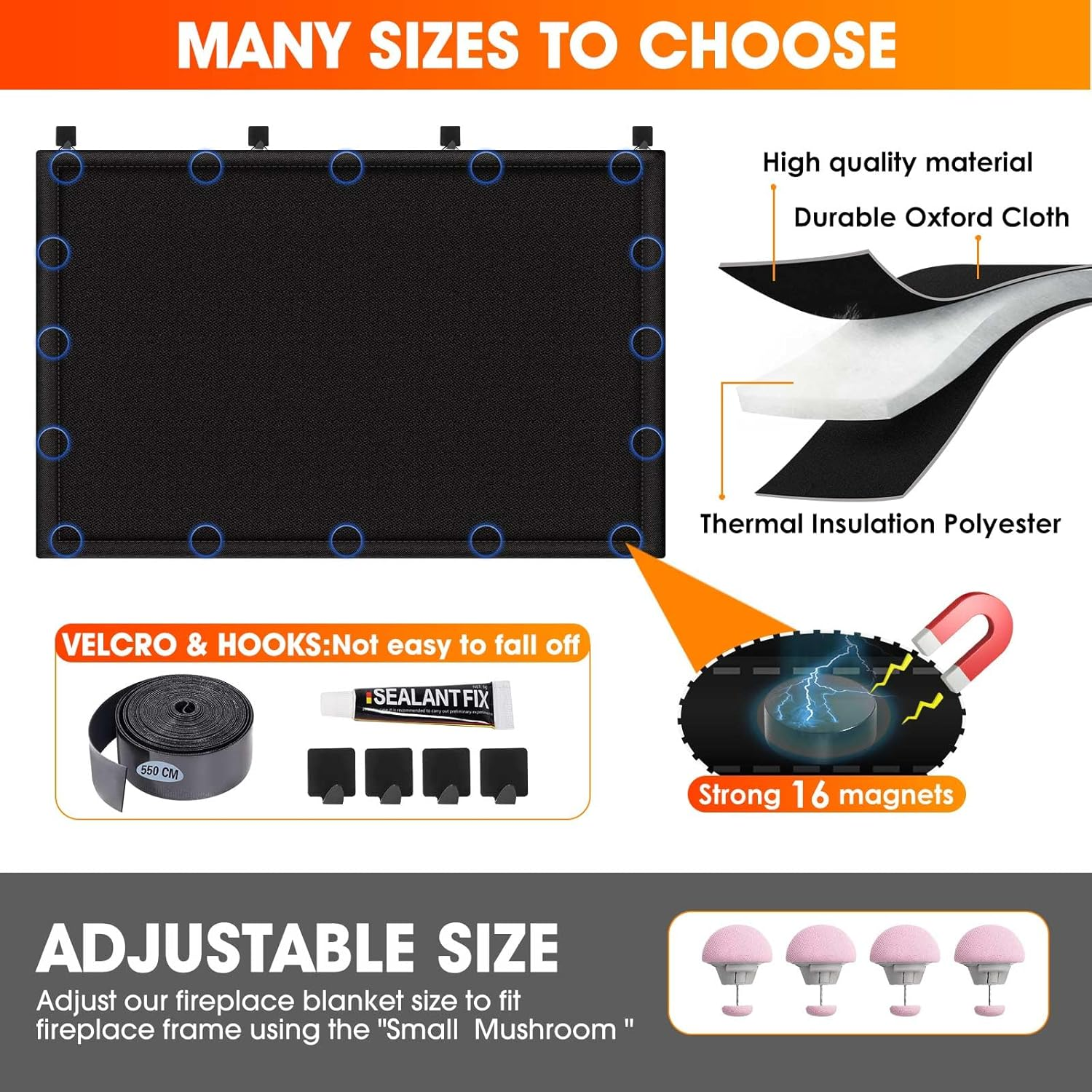 CADARA Fireplace Blocker Blanket - Magnetic Draft Stopper, Indoor Heat Loss Cover with Hook and Loop Tapes, Cold Air Blocker to save Energy, Black 36" W X 24" H image number 3