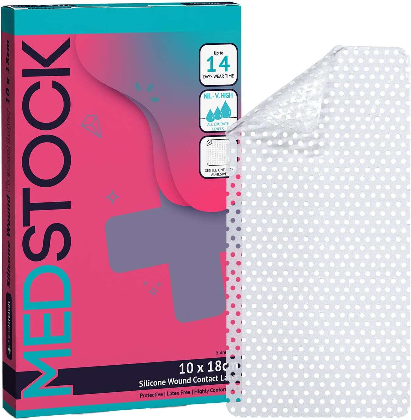 MEDSTOCK Silicone Wound Contact Layer - 10CM X 18CM, 5 Count, Gentle Adhesive Dressing, Atraumatic Removal, Large Perforations for Exudate Flow, Customisable Fit, Protects Fragile Tissue, Ideal for Skin Tears, Burns, Surgical Wounds, Grafts, NPWT Compatible