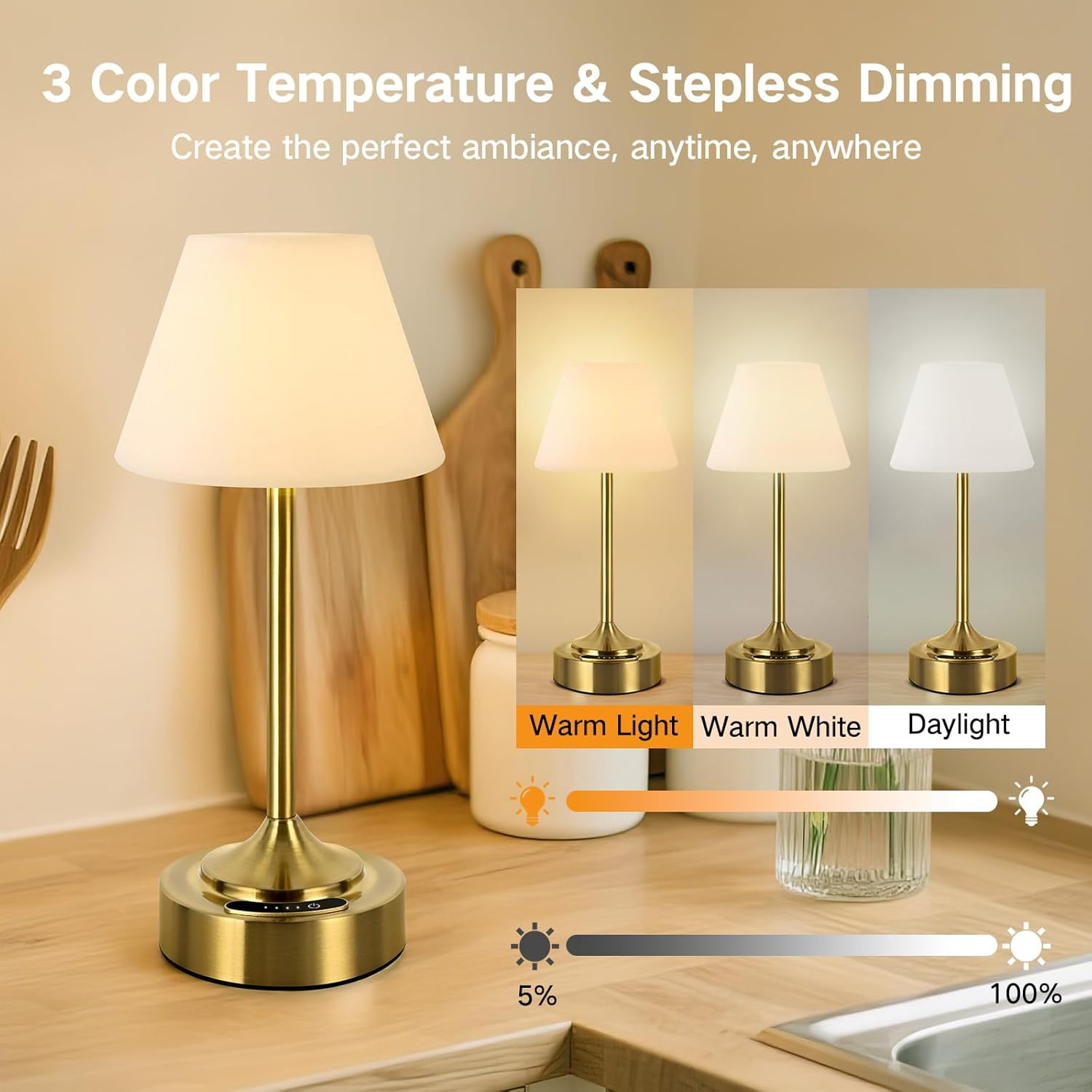 OUTON Rechargeable Cordless Table Lamp, 3 Color Temperatures & Stepless Touch Dimming, Battery Indicator & USB-C, Portable Waterproof Wireless Night Light for Bedroom, Bathroom, Dining, Patio (2Pack) image number 6