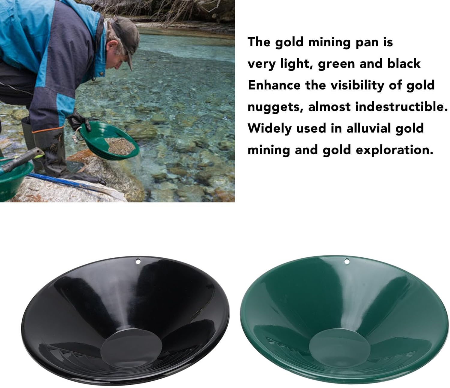 Gold Panning Kit, Gold Panning Kits 2Pcs 26.5Cm Gold Pan ABS 90&deg; Thread Gold Washing Pan Set for Beginners Black Green for Adults and Kids, Gold Prospecting Tools image number 1
