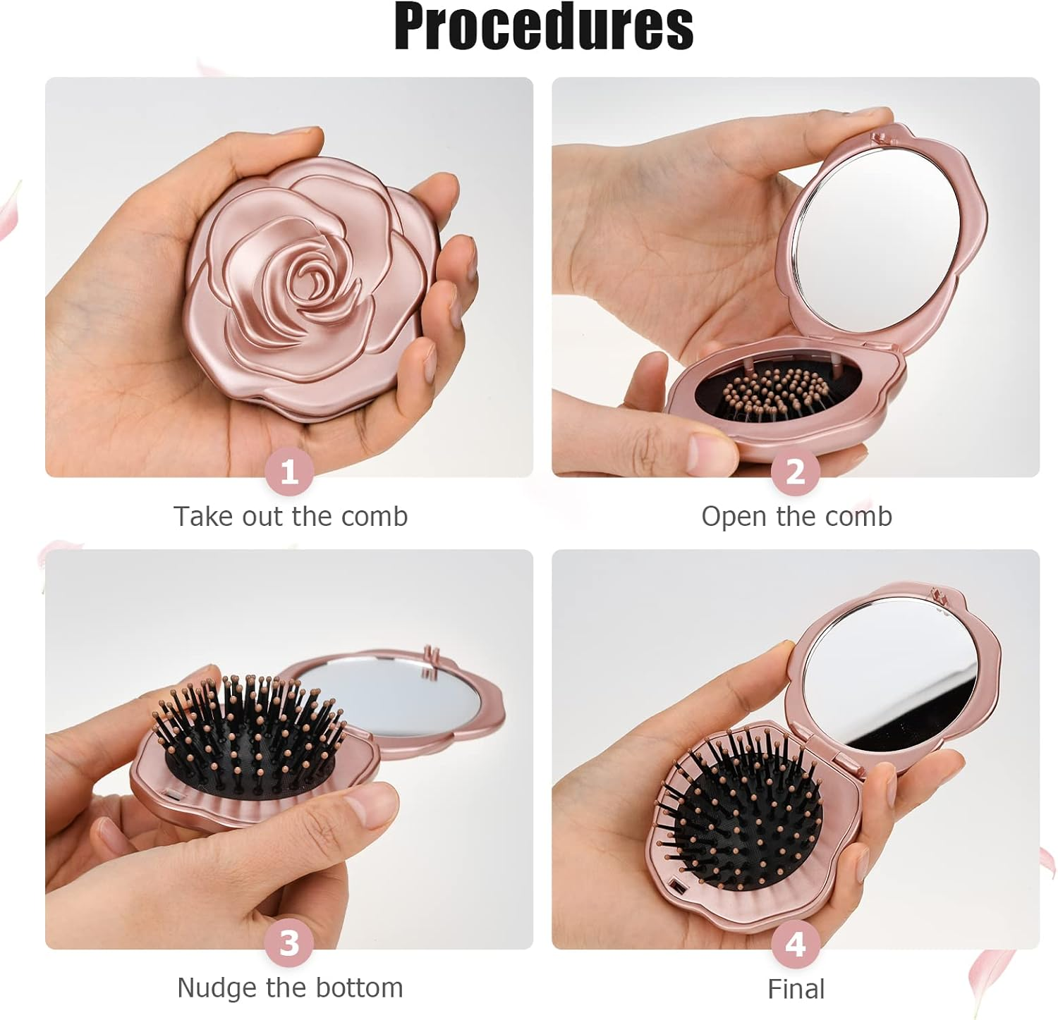 Travel Folding Hair Brush, Roses Mini Pocket Mirror Brush Easy to Carry for Small Spaces Nylon Brush/Comb/Hairbrush for Women Men'S Any Hairstyles Hair and Beards Wet Dry Hair Restore Shine