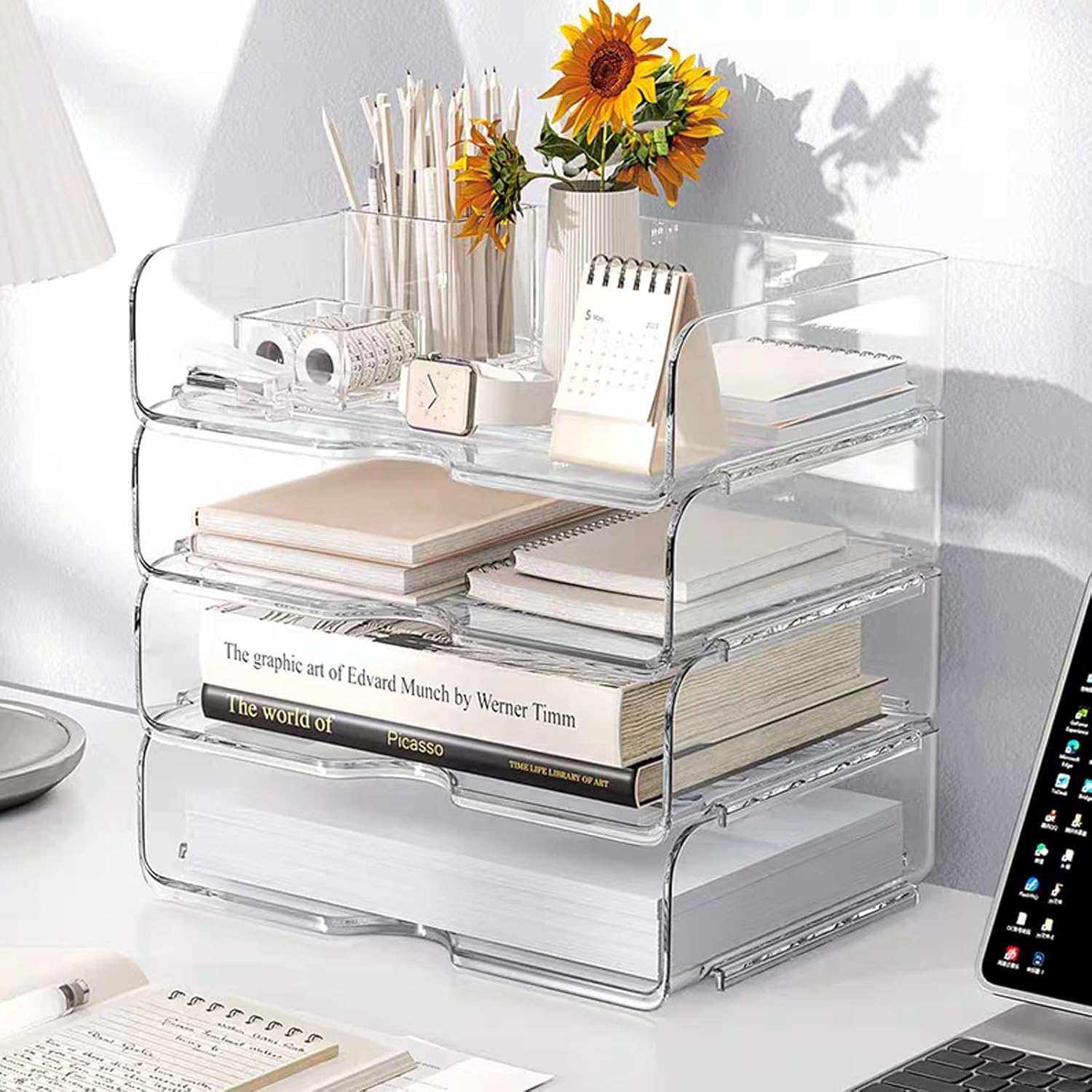 Clear Stackable Paper Trays 4 Pack, Letter Tray Desk Organizer, Desktop Organizers and Storage for Books, Magazines, Folders, A4 Size File Paper, Office Supplies image number 6