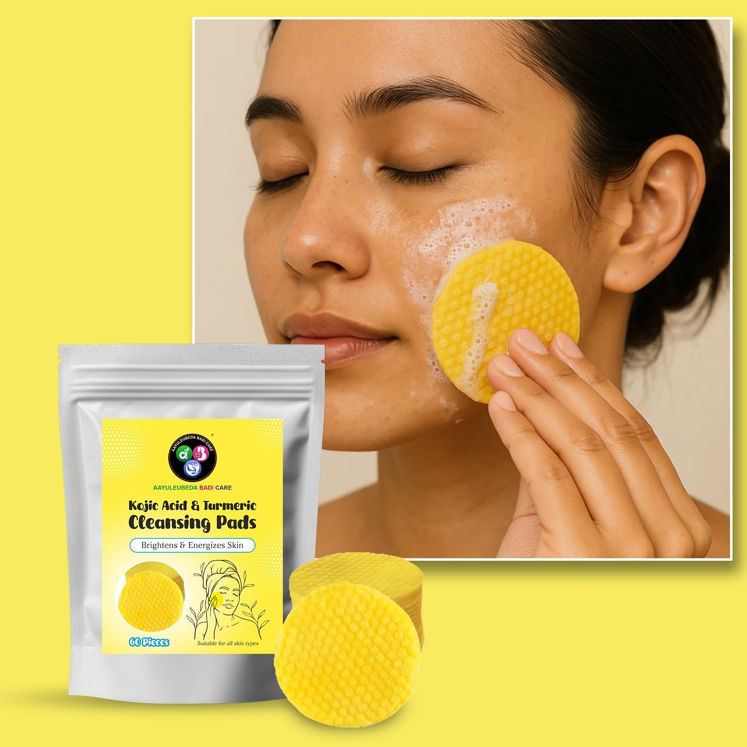 ABC Kojic Acid & Turmeric Cleansing Pads for Dark Spots, Turmeric Kojic Acid Cleansing Pads Helps Fade Spot, Face Cleansings & Exfoliating Pad, (60 Pieces) image number 1