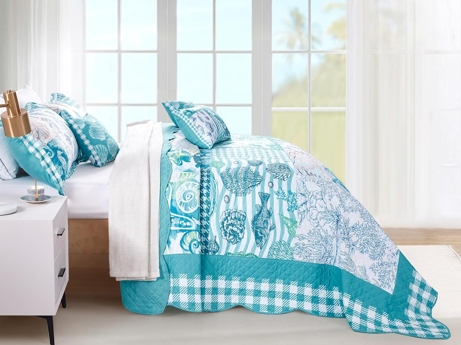 HZ & HY Coastal Oversized King Bedspread, Lightweight Beach Bedding Nautical Quilt, Real Stitching, Reversible, 6 Piece, 100% Microfiber, King/Cal King, Seahorse image number 6