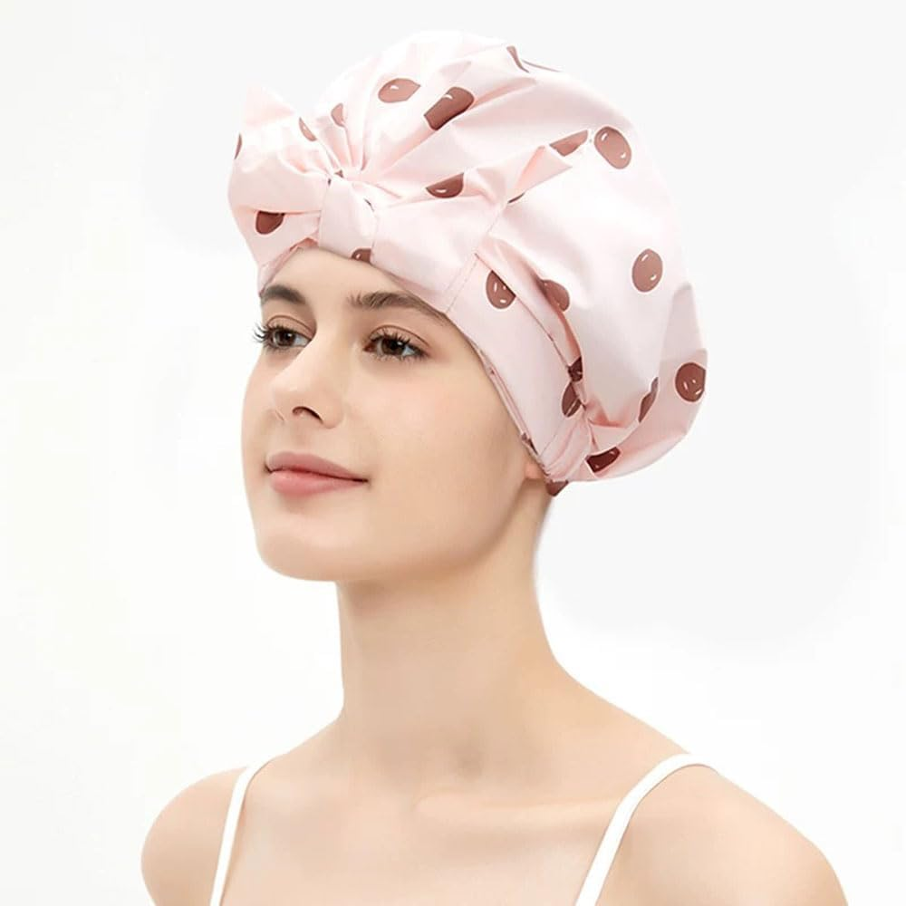 YHIXYUNAZ Luxury Waterproof Shower Cap &ndash; Extra Large Reusable Bath Cap for Women, Non-Slip Soft Elastic Band, Travel-Friendly Hair Protector (Leaf) - Pink Dot image number 6