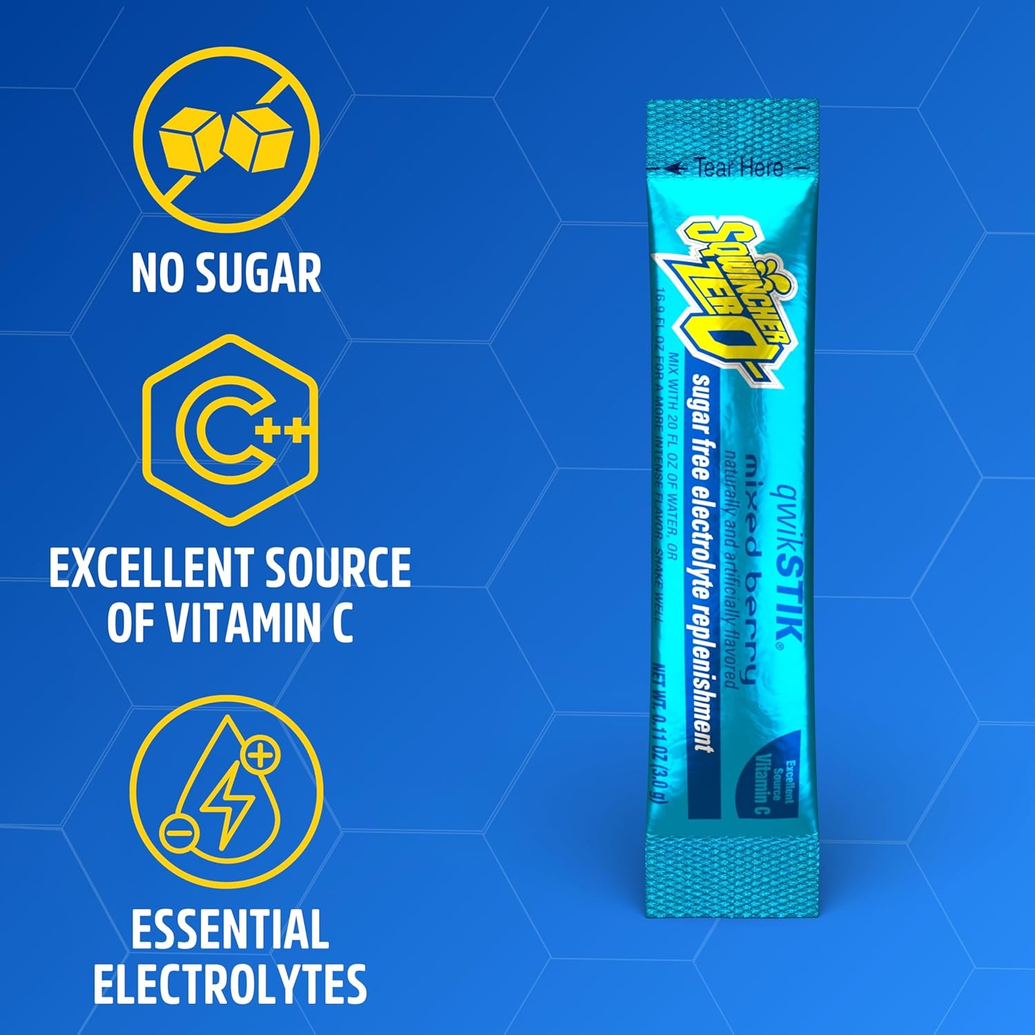 Sqwincher ZERO Qwik Stik - Sugar Free Electrolyte Powdered Beverage Mix, Mixed Berry (Pack of 50) image number 2