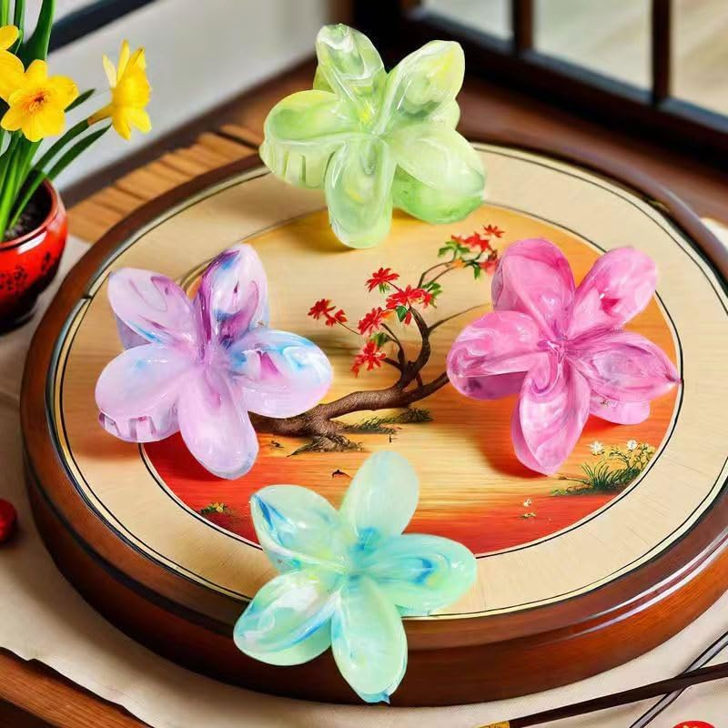 Jushion Pack of 4 Flower Hair Clips, Hawaiian Flower Hair Clip, Non-Slip Acrylic Hair Clip, Egg Flower Hair Claw Clips, Hair Accessories for Women Girls (Colour1)