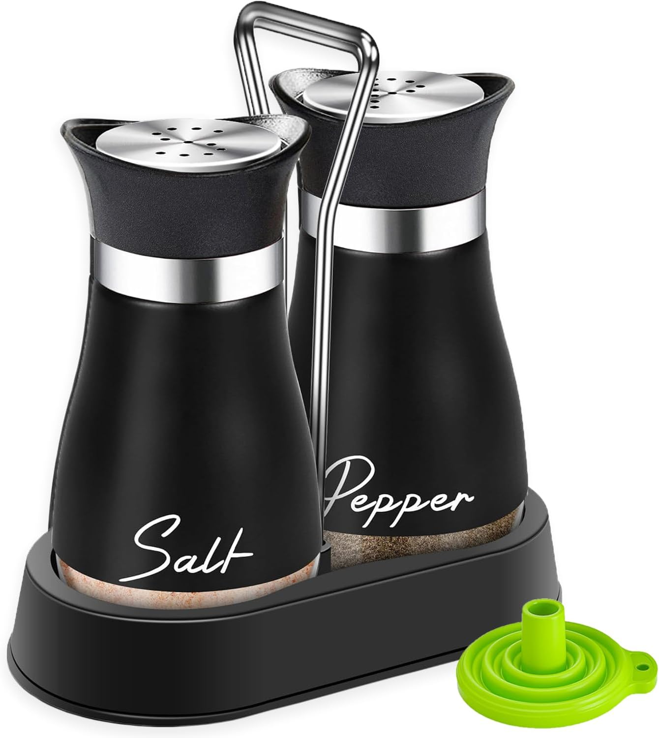 UDQYQ Salt and Pepper Shakers Set with Holder,Cruet Sets Stainless Steel Salt and Pepper with Glass Bottom,Refillable Salt Shaker Kitchen Gadgets for Counter Modern Decor Table (Black + White)