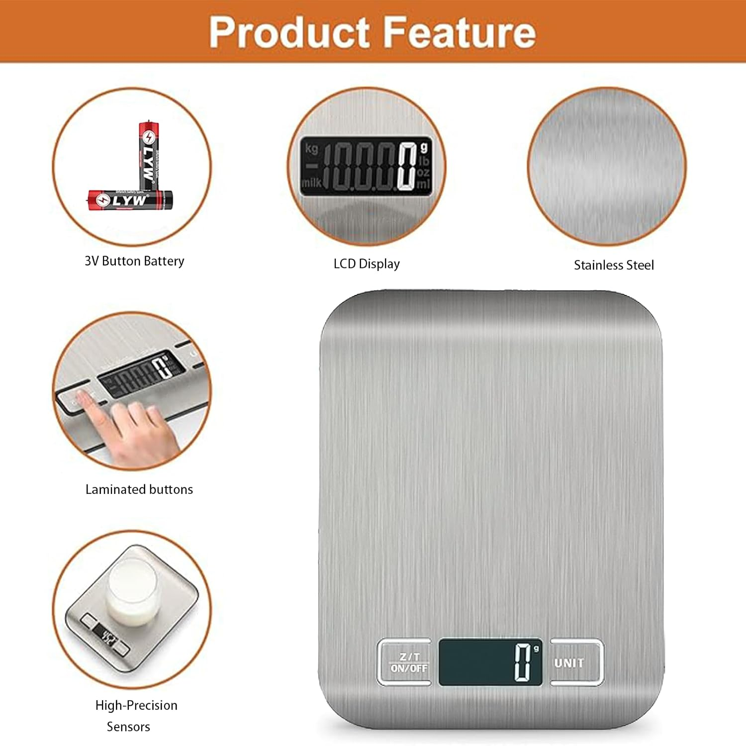 Food Kitchen Scale, Digital Grams and Ounces for Weight Loss, Bakings, Cooking, Meal Prep.High LCD Displayhaving Multiple Unit Conversions,Automatic Shutdown in 3 Minutes,304 Stainless Steel image number 1