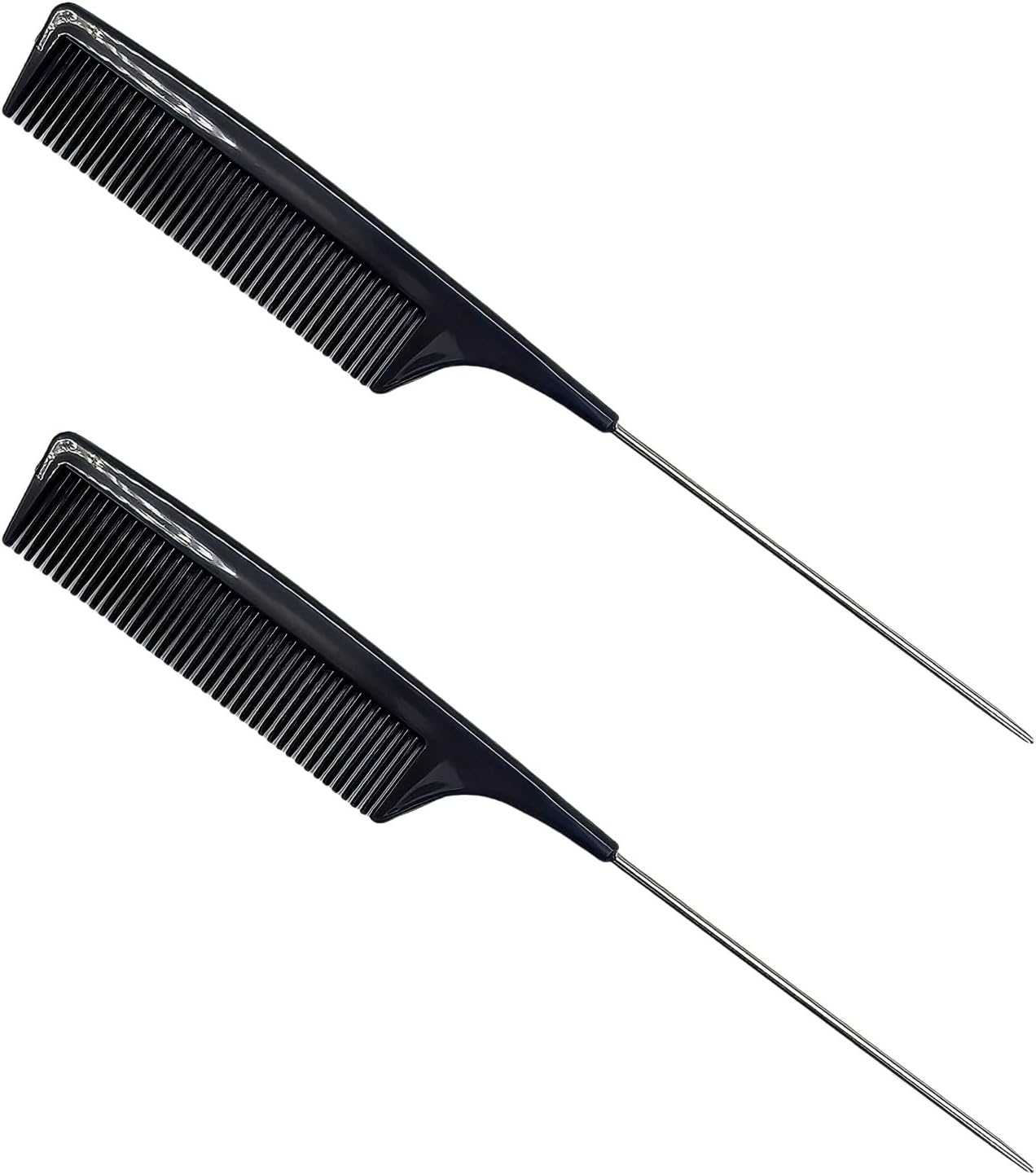 Castaic 2 Pack Rat Tail Comb,Professional Stainless Steel Pintail Comb Hair Parting Comb with Metal Pick on the End Teasing Parting Hair for Women Girls (Black-2)