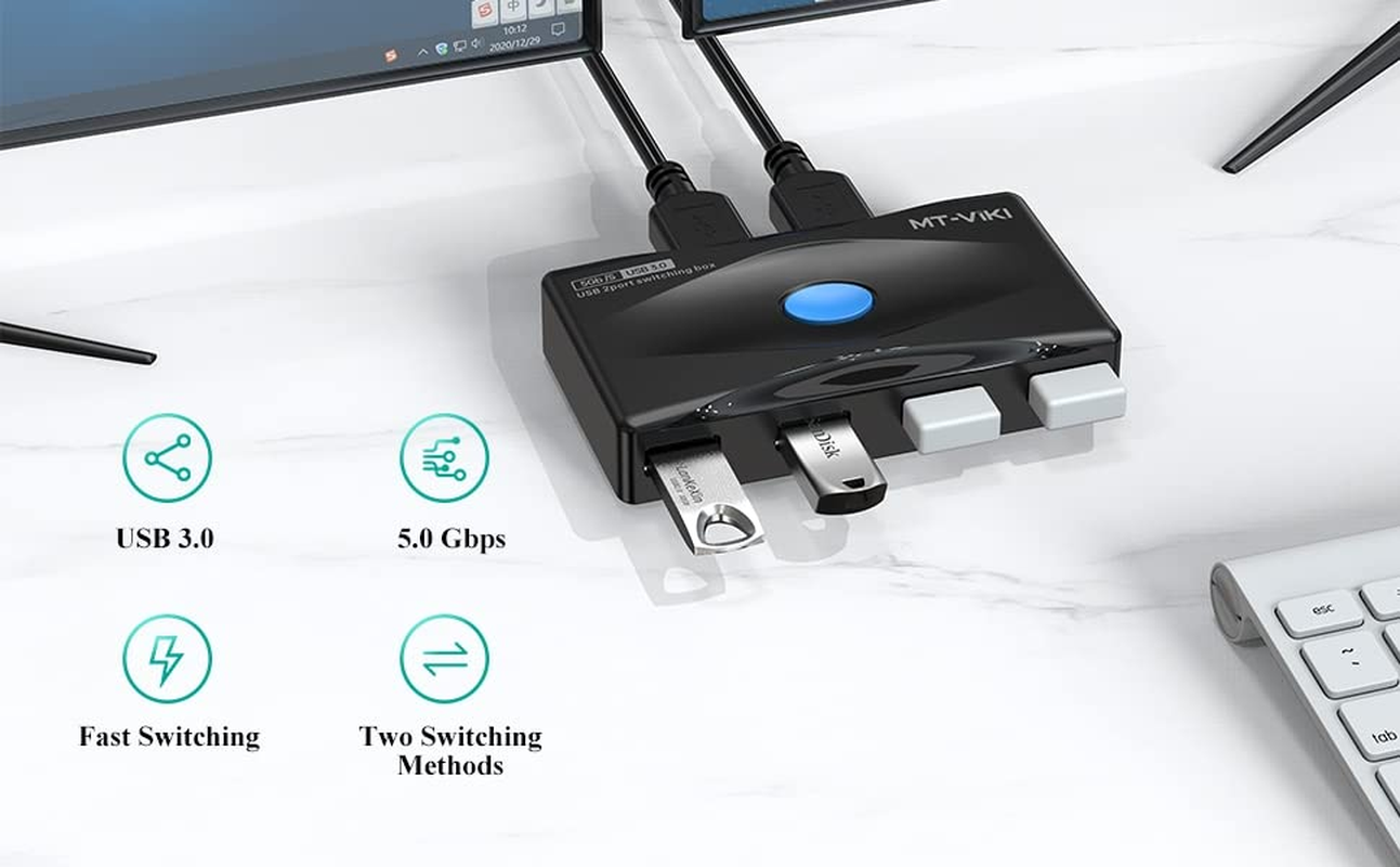 MT-VIKI USB 3.0 Switch 4 Ports KVM Switch for 2 Computer Sharing 4 USB Devices, 5Gbps Highspeed, 2 in 4 Out USB Swithcher Selector for Mouse, Keyboard, Scanner, Printer with 2 Pcs USB Cable a to A image number 1