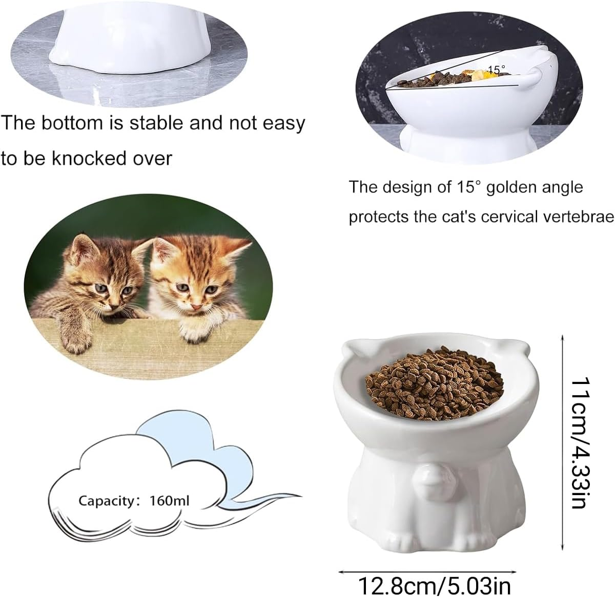 AIMALL Ergonomic Ceramic Cat Bowl - Elevated Cat and Dog Bowl with Anti-Knock Base, 15&deg; Tilted Design for Neck Comfort, Available in Black, White, Pink, Green - 5.03 X 4.33 Inches