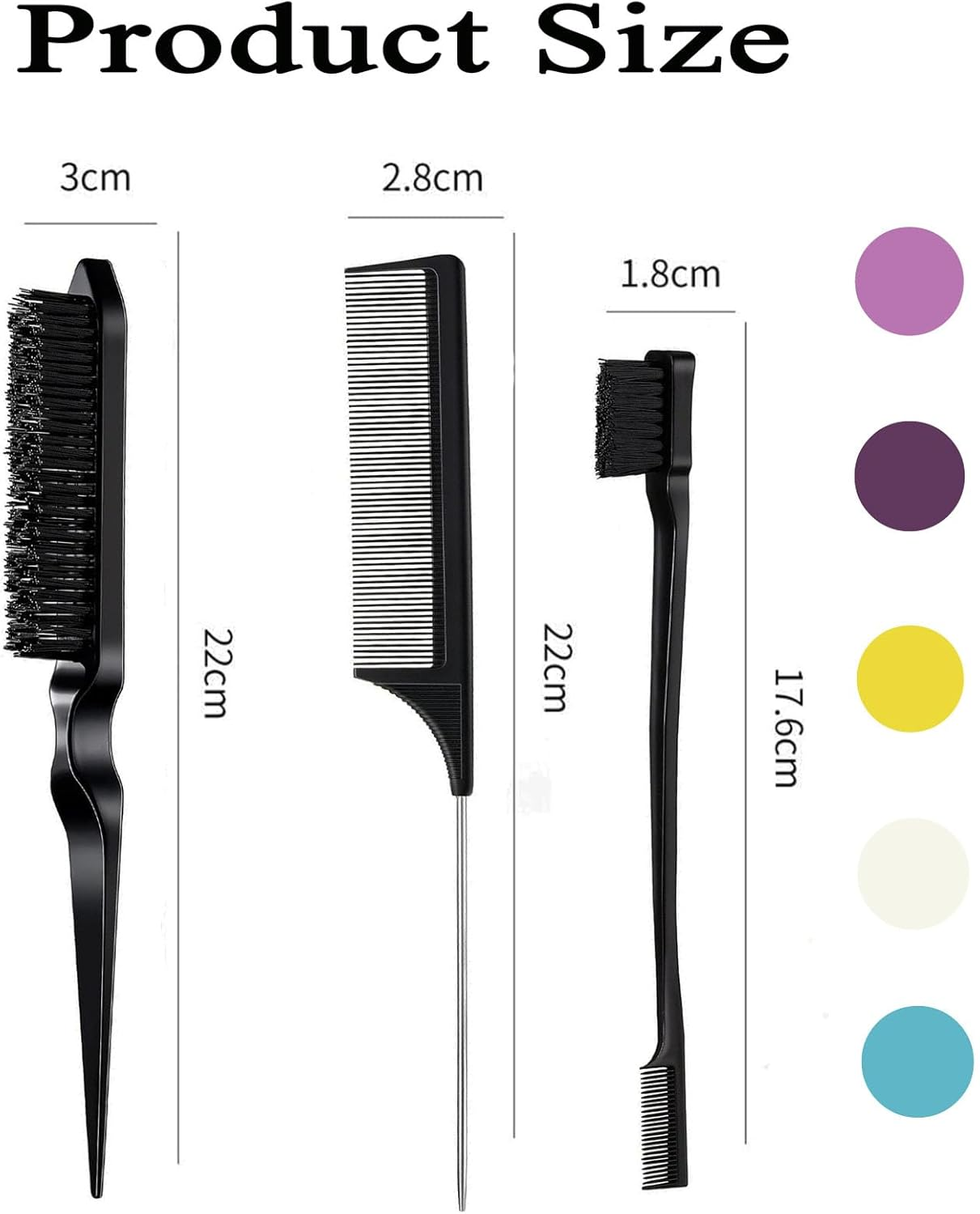 3 Pieces Comb Set for Teasing, Edge & Slick Back Brushing - Rat Tail & Edge Combs for Styling Women'S Hair (Pink) image number 4