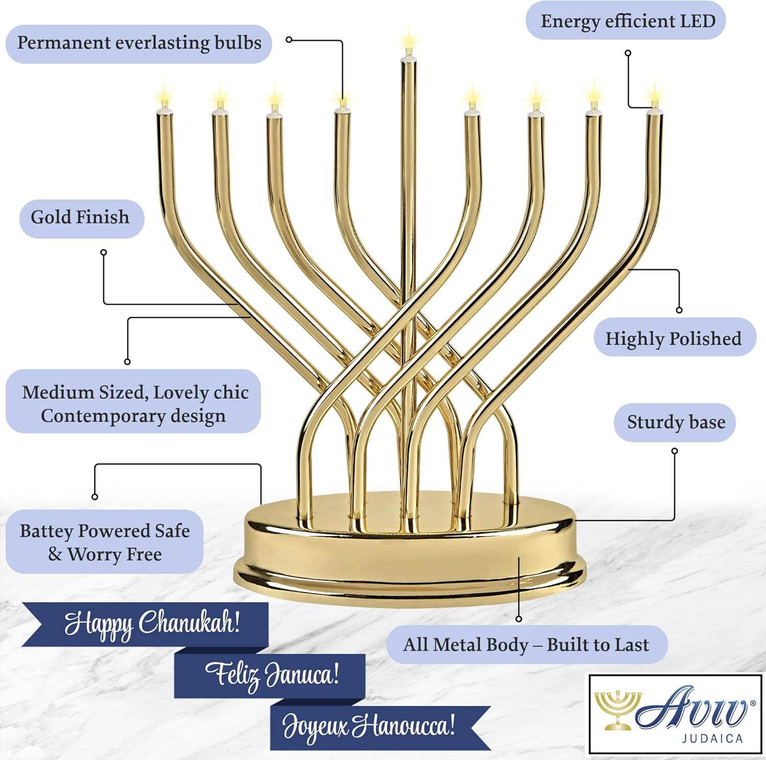 Traditional Hanukkah Electric Menorah Low Voltage Hanukkiah with LED Bulbs Contemporary Metal Electronic Chanukiah Battery Powered Chanukah Lights by Aviv Judaica (Shiny Gold/Brass) - Shiny Gold/Brass image number 4