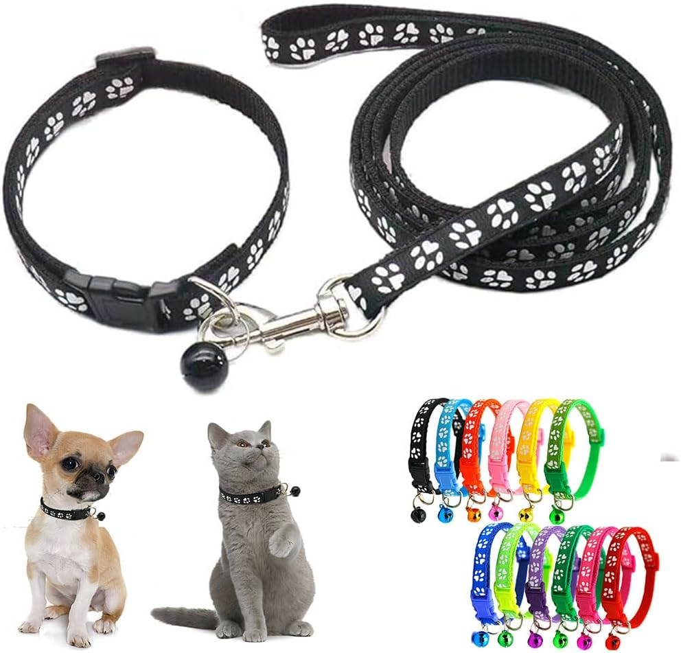 Yellow Small Cat Collar with Bell,Nylon Basic Reflective Puppy Collars Paw Print for XXS Xs Small Dog Pet Animal Litter Tiny Kitten Girls