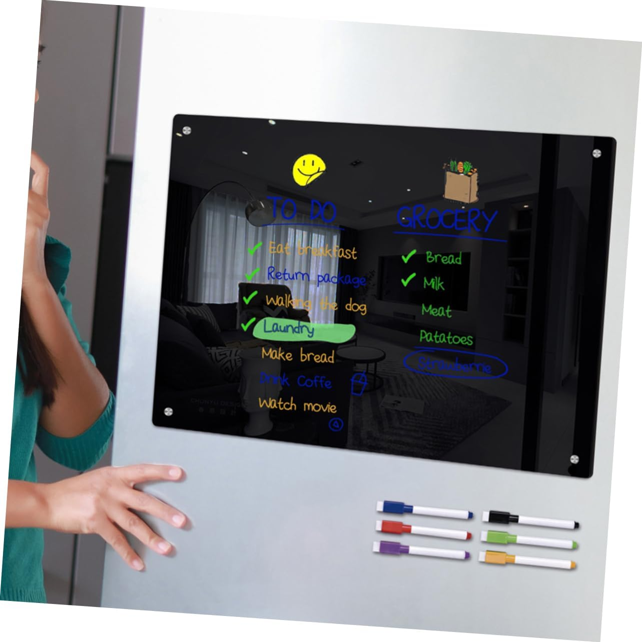 Operitacx Magnetic to Do List Board for Fridge Small A4 Black Acrylic Erasable Schedule Message Planning Board 6 Whiteboard Markers Refrigerator Organizer image number 6