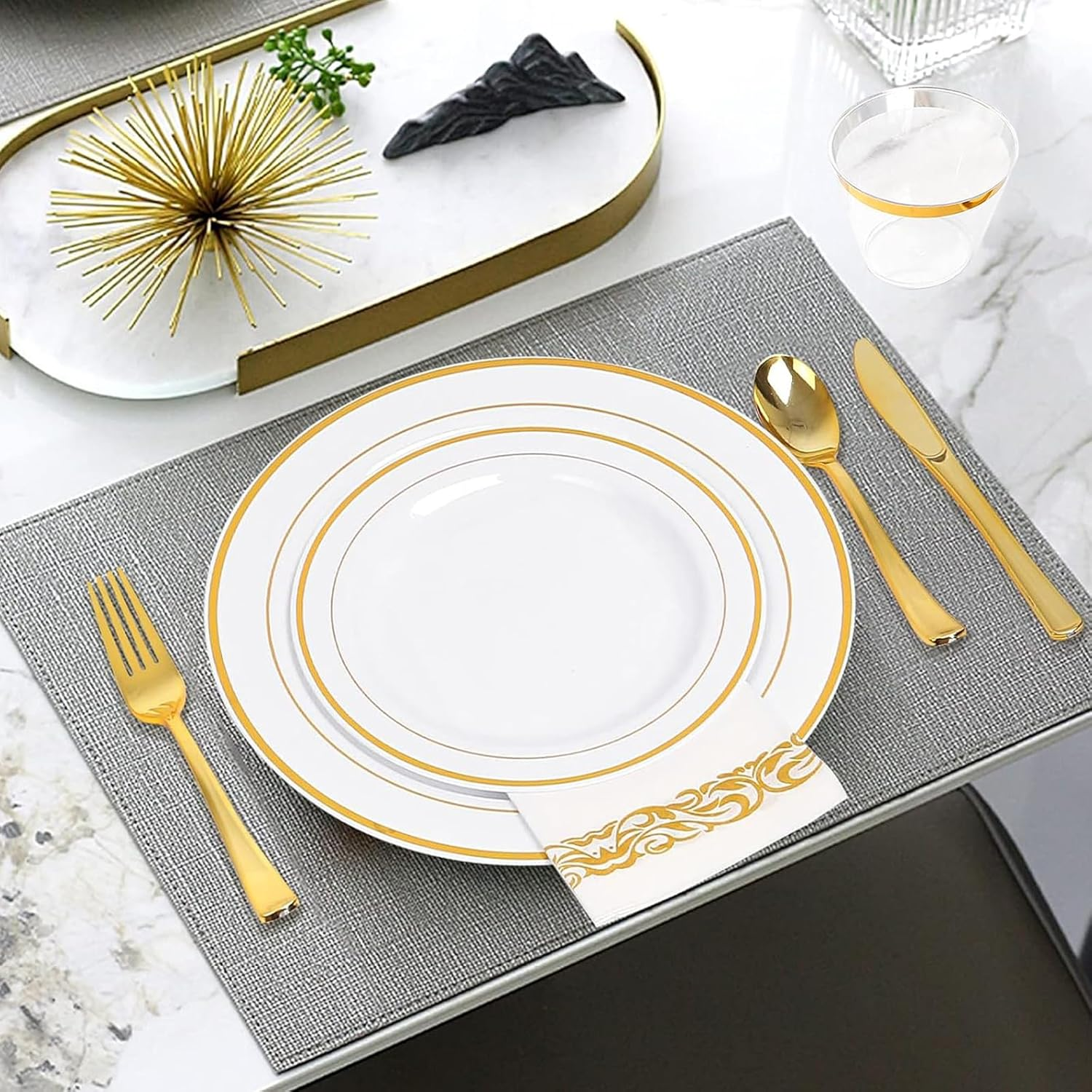 175 Pieces Gold Dinnerware Set for 25 Guests, Party Plate Sets White Plates with Gold Lace Rim Design, Including 25 Reusable Dinner Plates, Dessert Plates, Silverware Set, Cups and Napkins image number 1