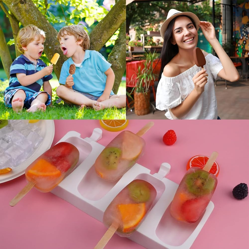 2 Pieces Ice Cream Moulds, 4 Compartments White Ice Cream with 50 Wooden Sticks, Silicone Ice Cake Mould, Cheese Sticks for DIY Ice Lolly (21.5 X 12.5 X 2 Cm) image number 4