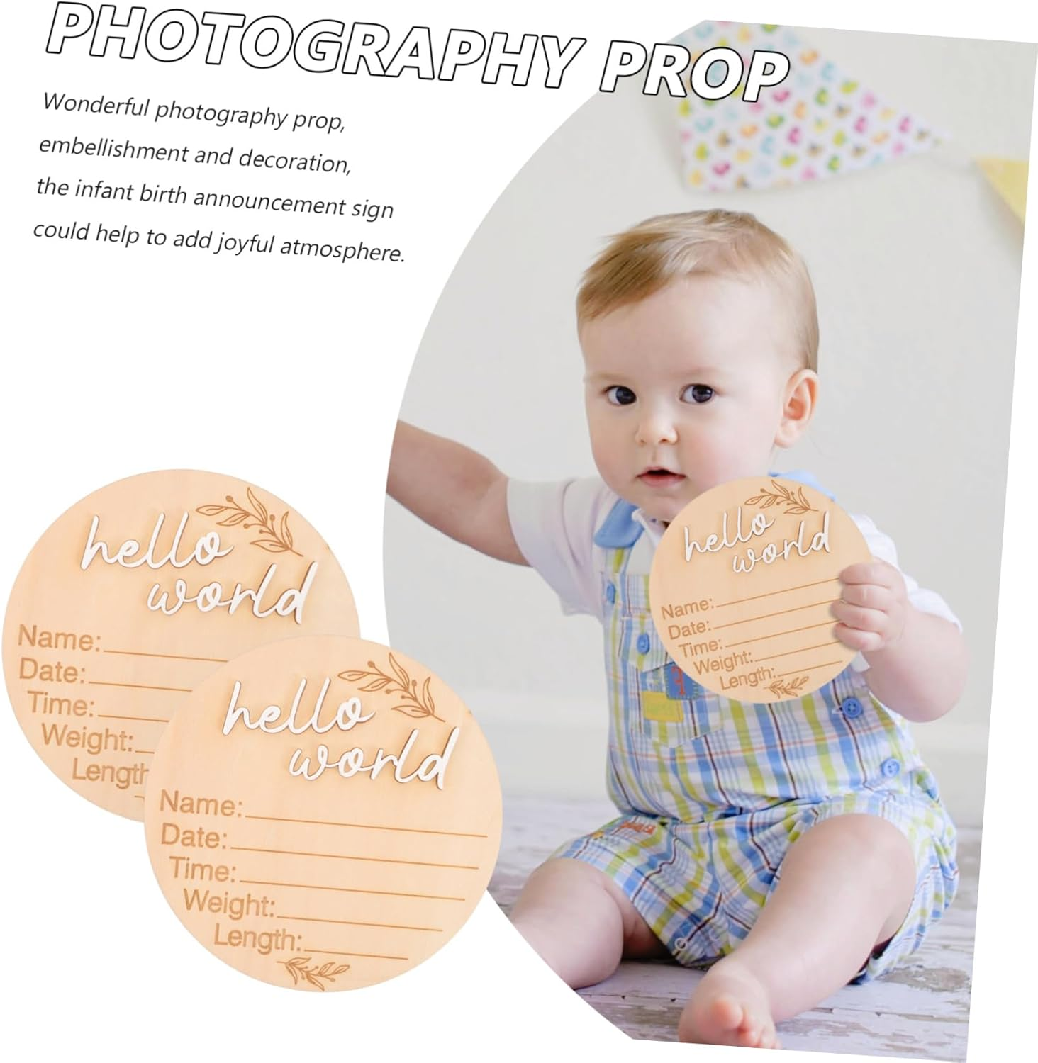 2Pcs Wooden Birth Announcement Signs round Shape Name Boards Newborn Photo Props Smooth Polished Milestone Plaques for Nursery Decor and Gift