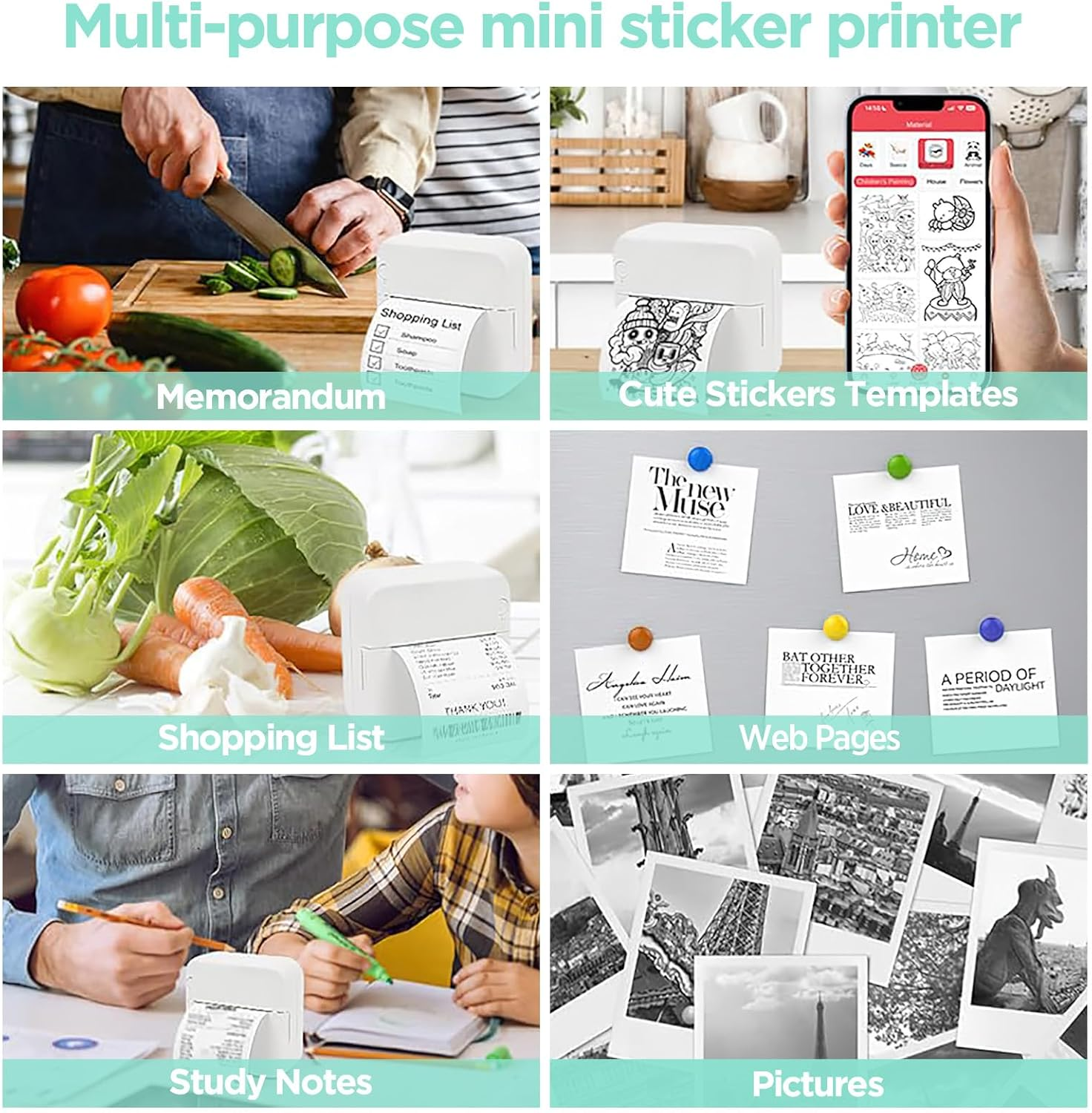 Print Pods Mini Printer Kits with 3 Rolls Printing Paper, 5 Rolls Self-Adhesive Paper, Watercolor Pens, Cartoon Stickers, Portable Bluetooth Phone Pocket Sticker Thermal Printer for Study, Photos, DIY image number 3