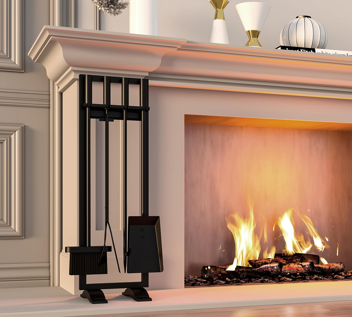 Fire Beauty Fireplace Tools Set 5 Pieces Fireside Accessories Fire Kit Stand Woodstove Tools Holder Wrought Iron Handle Indoor Fireset Stand image number 1