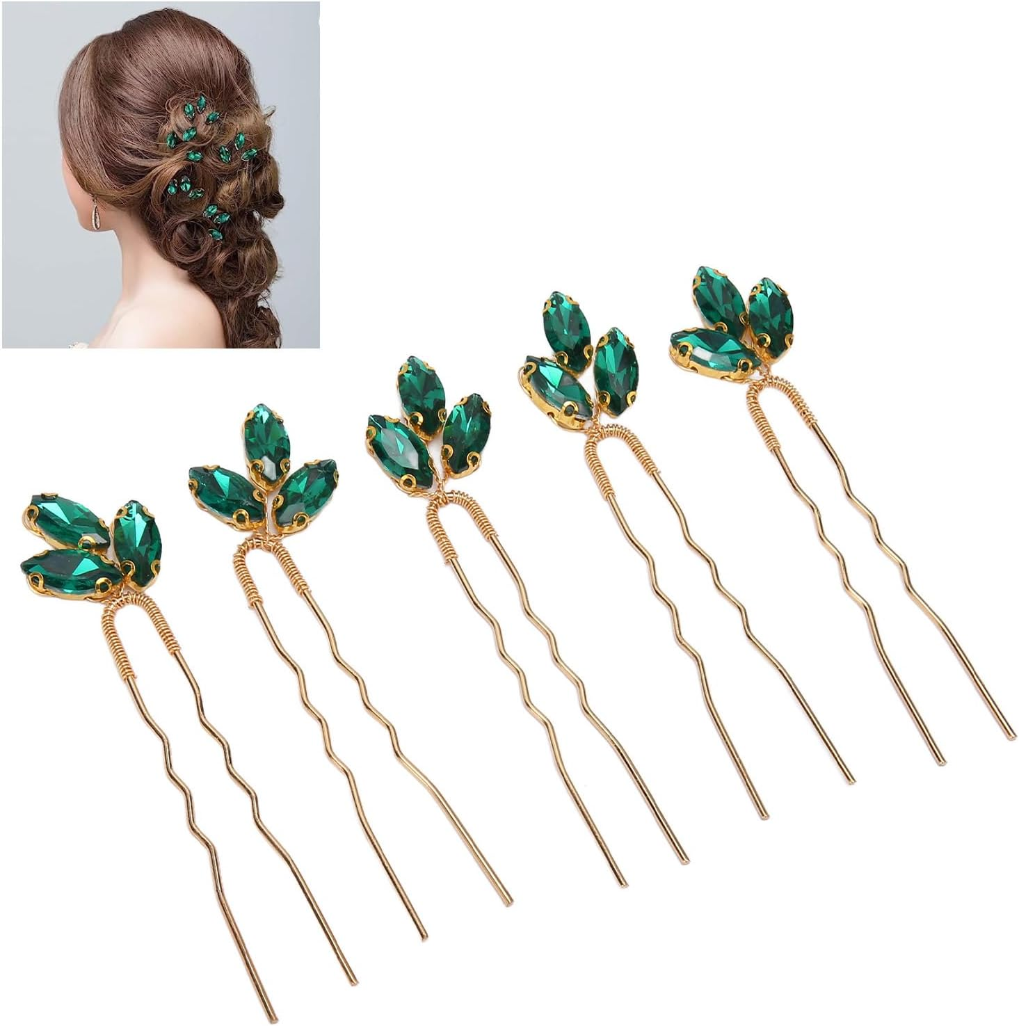 CYSFETENA Pack of 5 Handmade Hair Accessories, Green, Exquisite Vintage Rhinestone Style Barrettes, Elegant Hair Clips, Green for Wedding, Party, Prom, Bride, Girls, Bridesmaid Hair Accessories image number 2