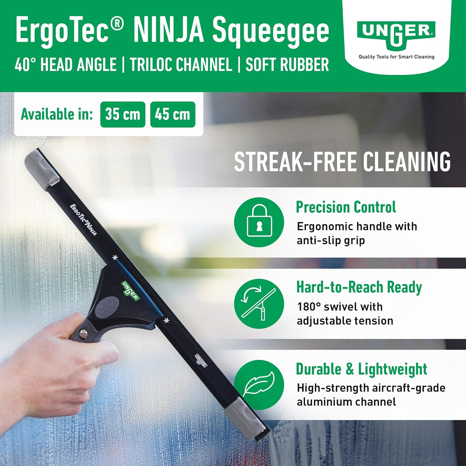 UNGER Ergotec Ninja Window Wiper 40&deg; (Width 45 Cm, Ergonomic Handle, with Soft Rubber, Two Rubber Positions, Window Squeegee with Swivel Function) EN450 image number 3