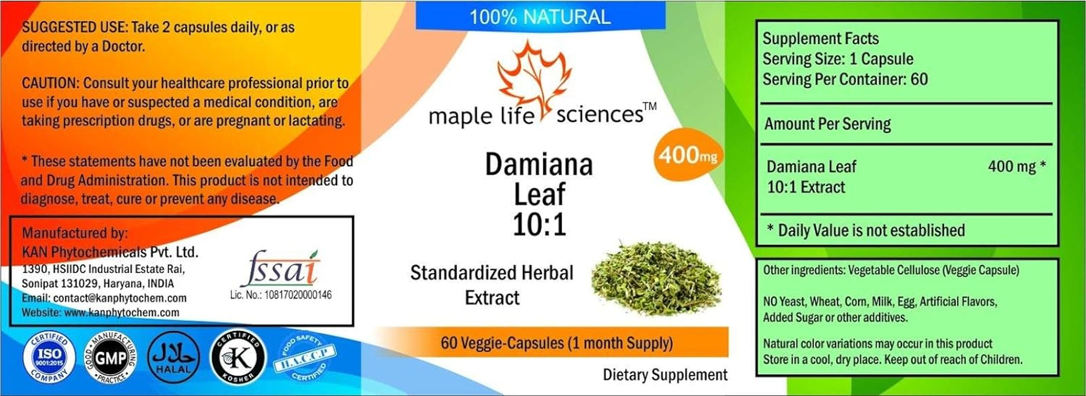 Damiana Leaf (Turnera Diffusa) 10:1 Extract - 400Mg - 60 Vegan Capsules - Aphrodisiac image number 1