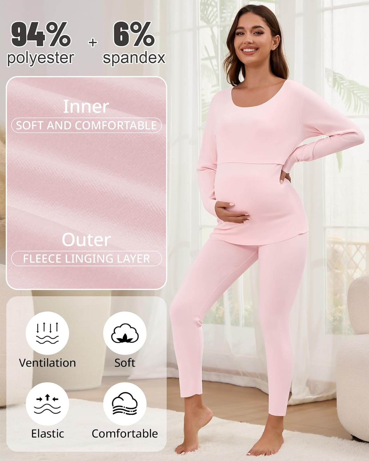 Patelai 2 Pack Thermal Nursing Underwear for Women Maternity Pajama Set Breastfeeding Sleepwear Fleece Lined Pregnancy Set