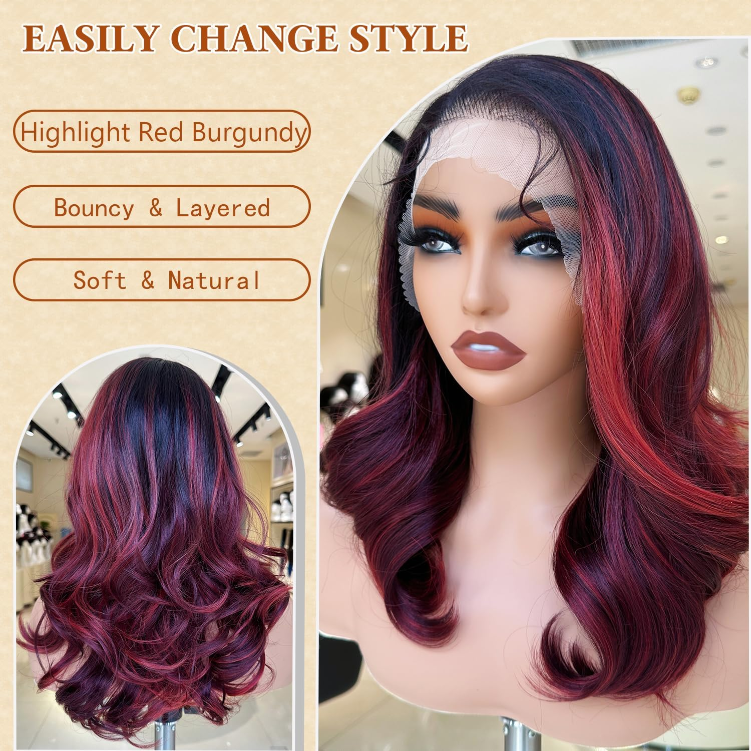 Bordeaux Red Shimmer Lace Wig 13X6Cm Synthetic Lace Front Light Heat Resistant Short Wavy Wigs for Women image number 4
