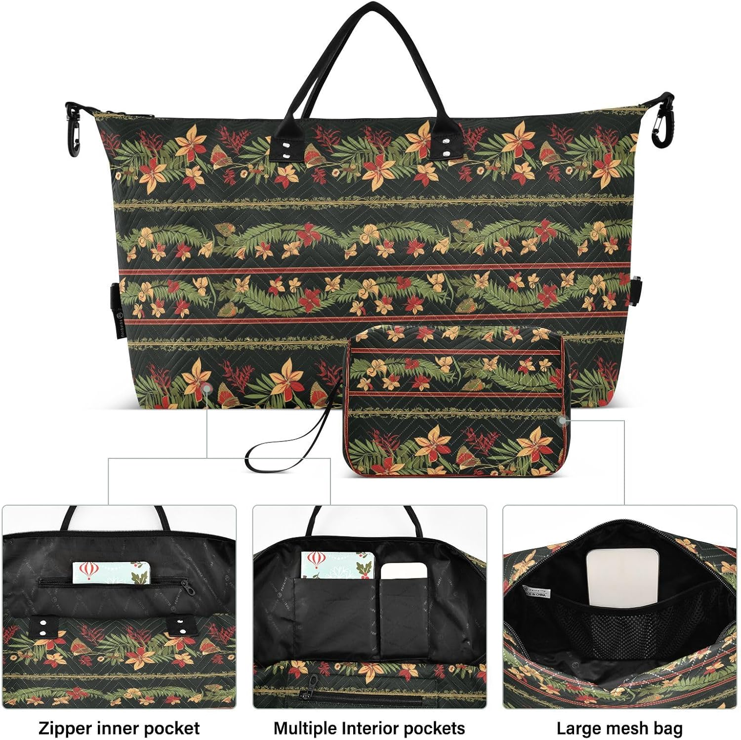 Oversized Travel Duffel Bag Travel Weekender Gear Bag Gym Carry on Duffel Bags with Toiletry Bag for Trekking 2 Pcs Set, Tropical Style Flower Yellow Red and Green image number 3