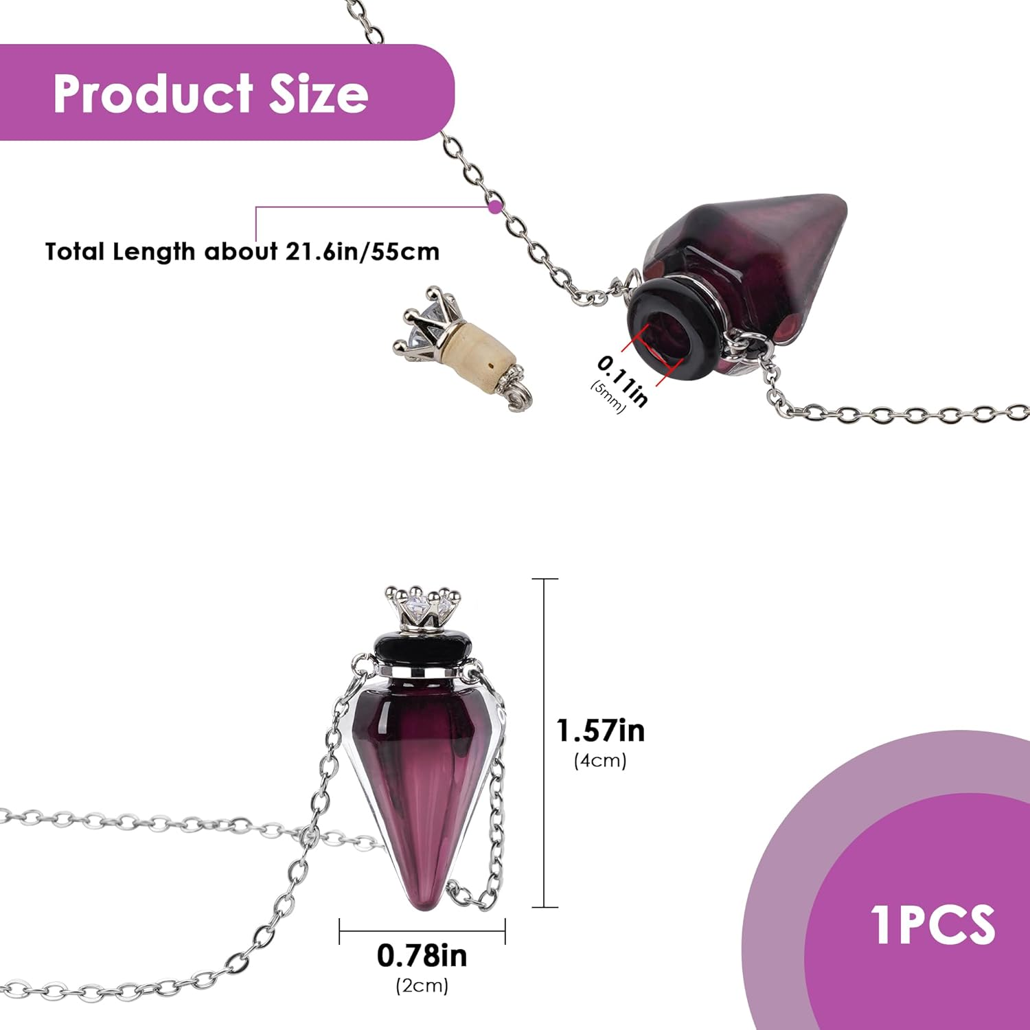 Biiange Perfume Bottle Necklace Diamond Shape, Purple Perfume Bottle Necklace, Essential Oil Diffuser Necklace, for Womens Perfume Vial Pendant Necklace Jewelry Unique Gift image number 1