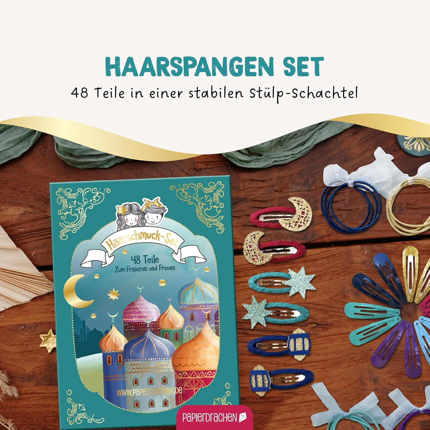 Papierdrachen Special 48 Hair Clips and Hair Bobbles 1001 Night - Durable and Robust - Children'S Sparrows with Glitter and Fabric Cover - Hair Accessories - for Long and Fine Hair - Set of 12