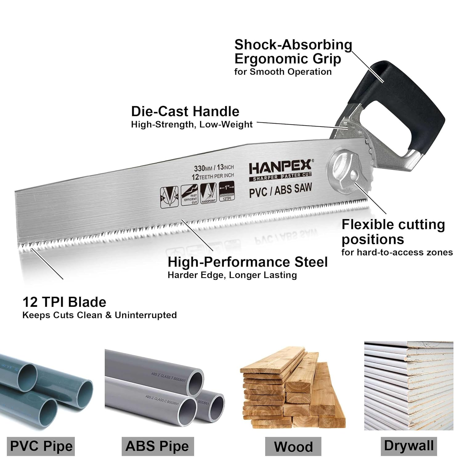 Hanpex 33Cm(13Inch) Heavy Duty Pipe Saw - Adjustable Angle Hand Saw for PVC, ABS, Wood, Drywall & Plastic - Compact Design for Tight Spaces, Gardening, Trimming & General Purpose Cutting image number 4